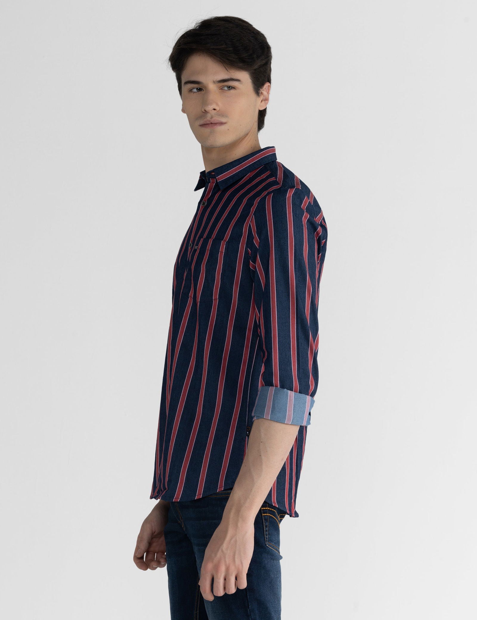 Identiti Men Collared Stripe Shirt With Pocket