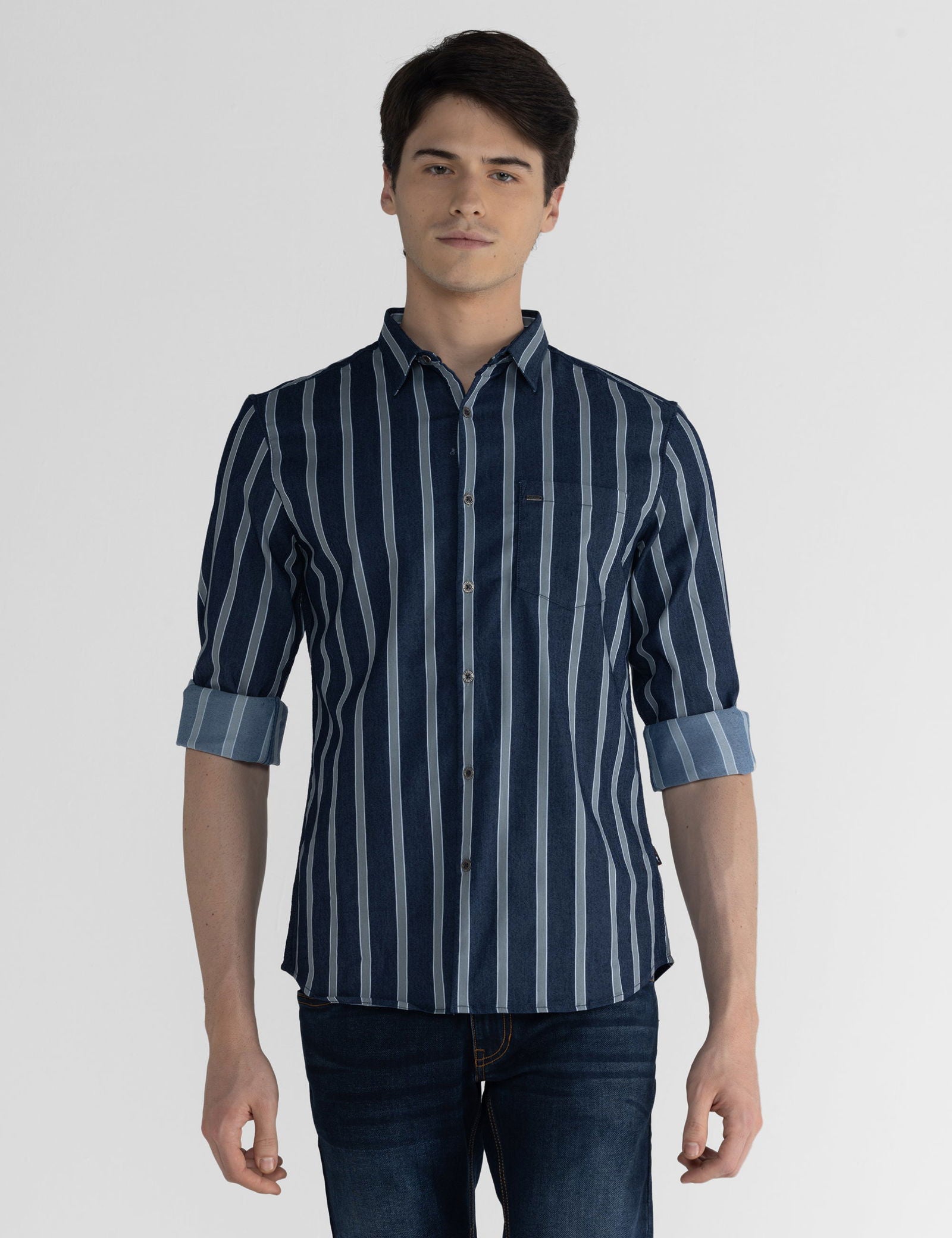 Identiti Men Collared Stripe Shirt With Pocket