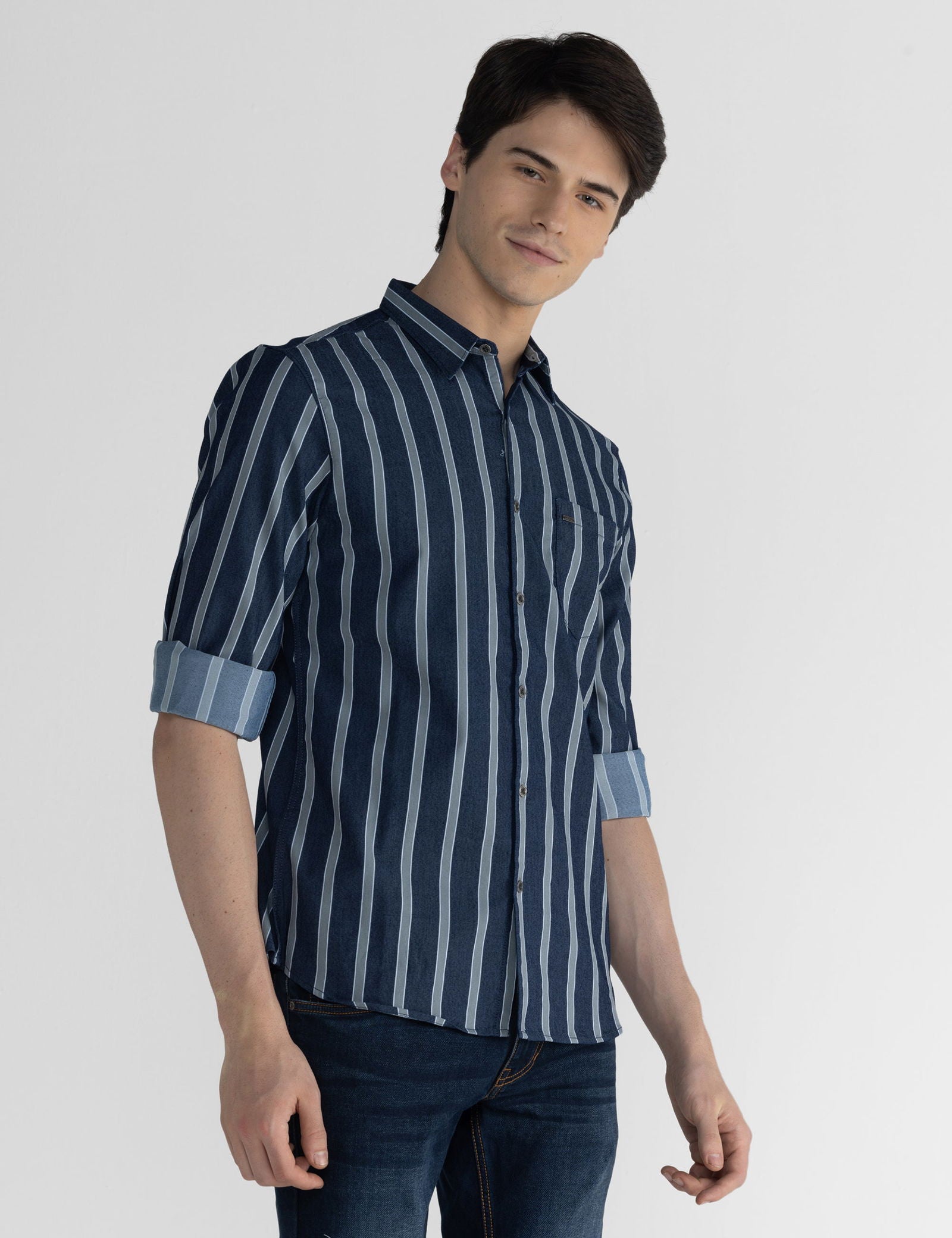 Identiti Men Collared Stripe Shirt With Pocket