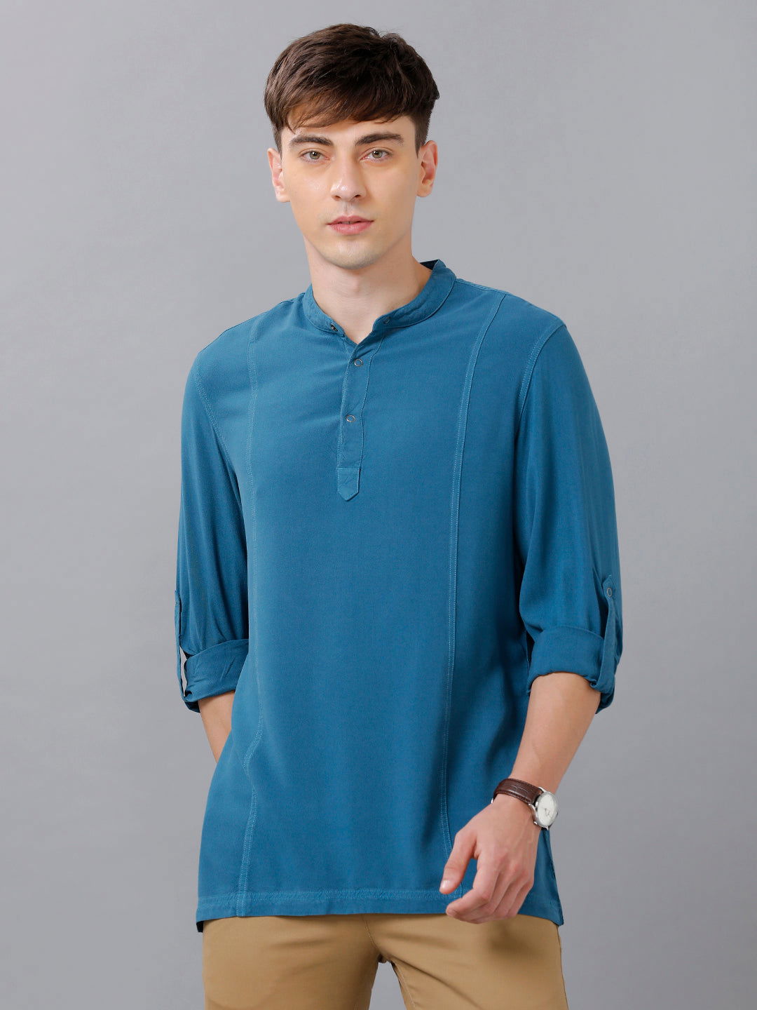 Identiti Men Half Placket Mandarin Collar Shirt/Kurta