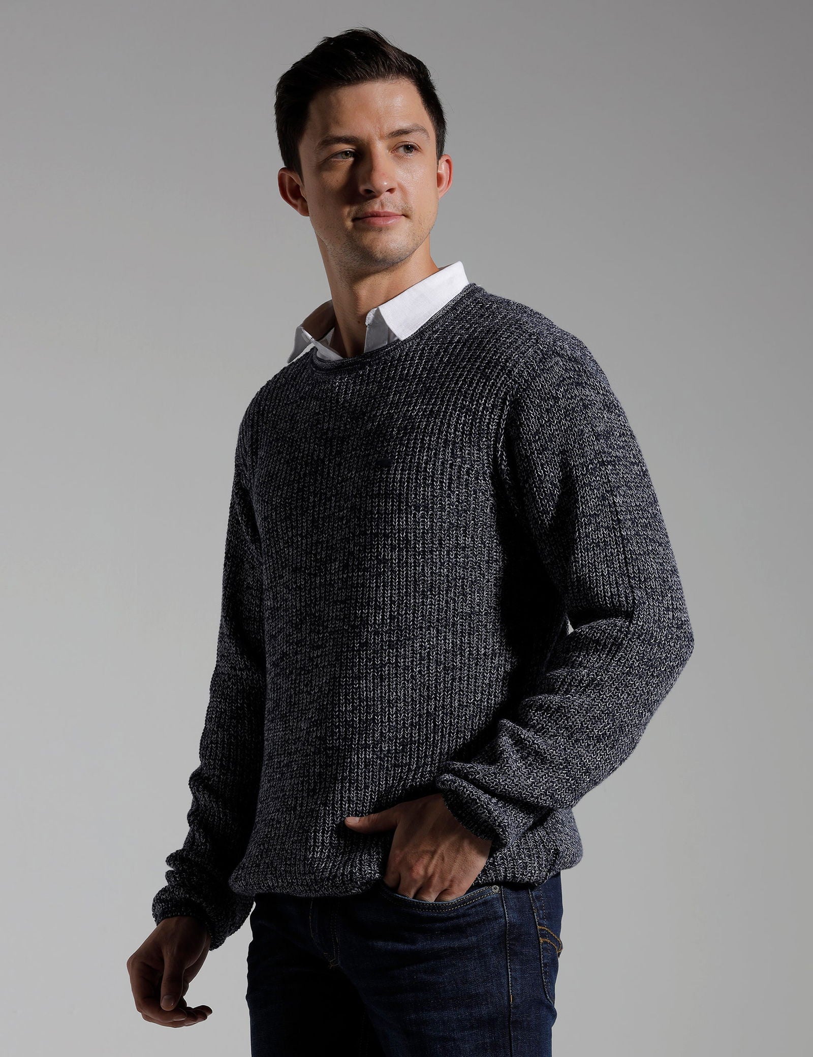 Identiti Navy Full Sleeve Solid Slim Fit Cotton Casual Pull Over With Woven Collar