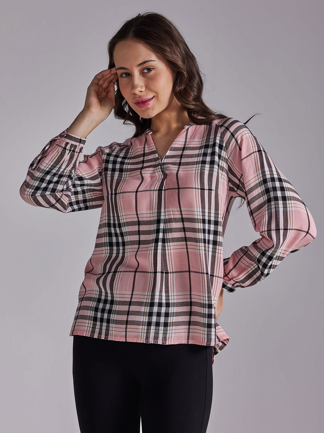 Identiti Women Checkered Casual Top - Peach.