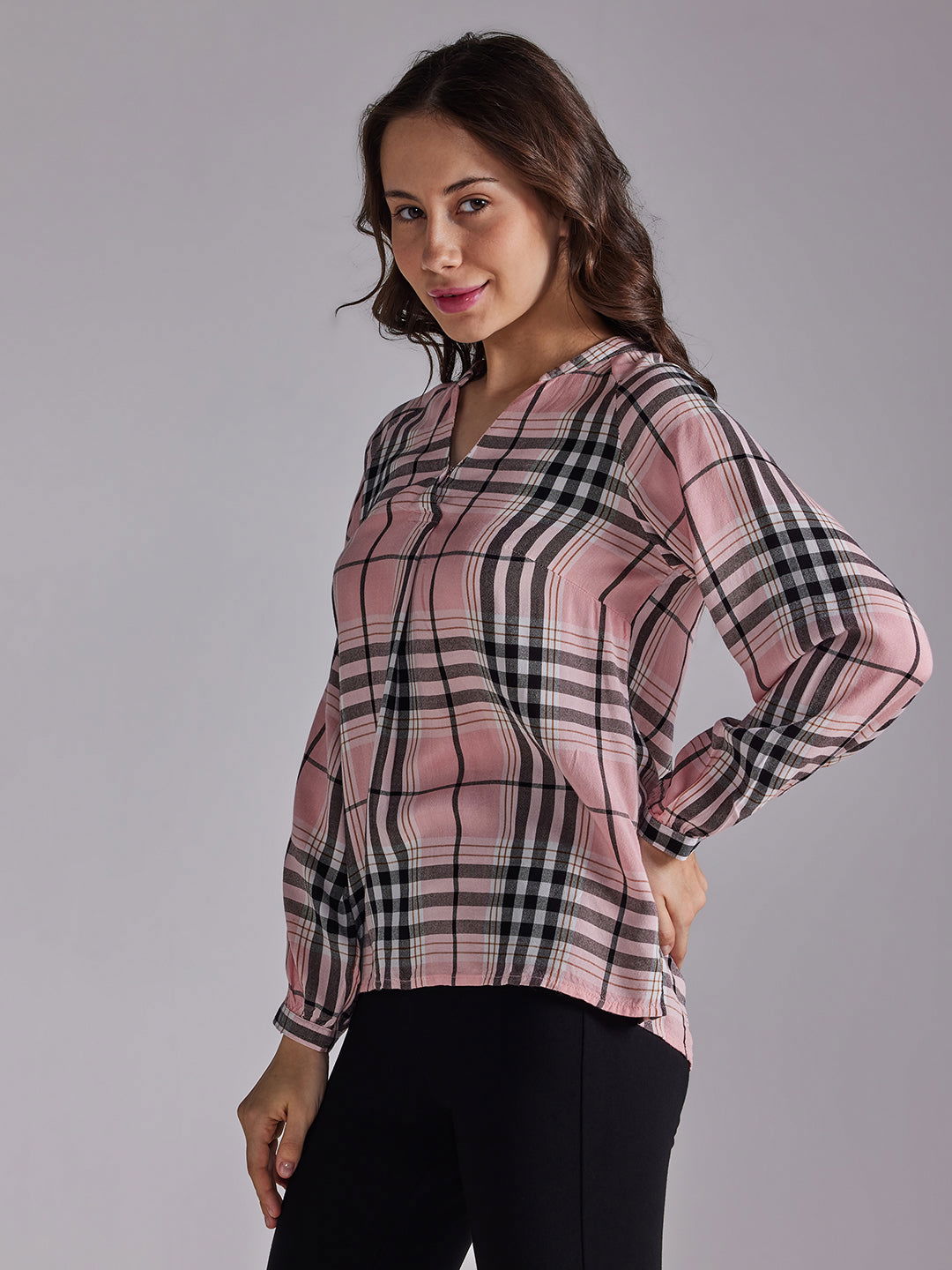 Identiti Women Checkered Casual Top - Peach.