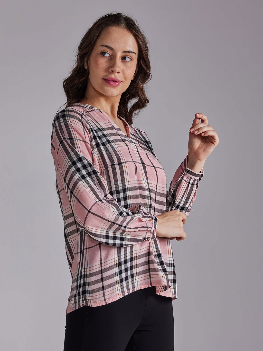 Identiti Women Checkered Casual Top - Peach.