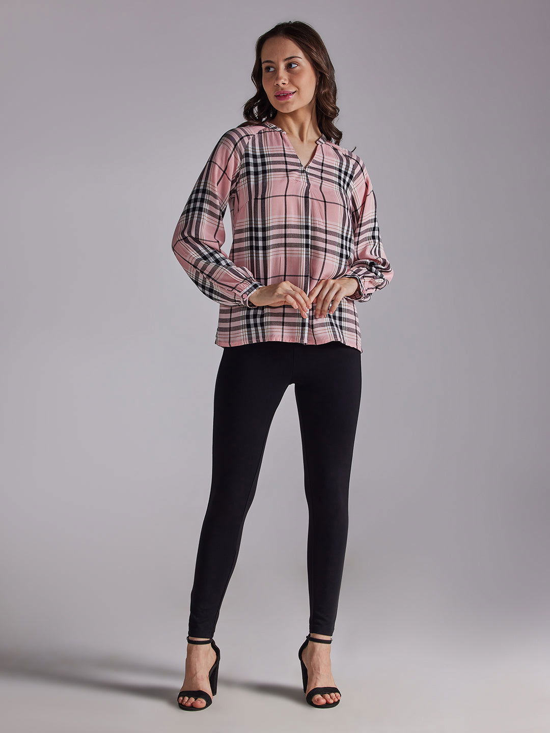 Identiti Women Checkered Casual Top - Peach.