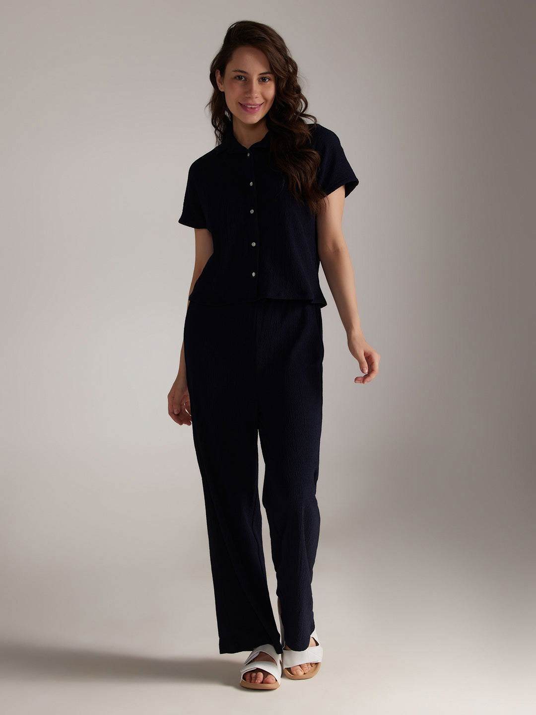 Identiti Women Solid Co-ord Set - Navy.