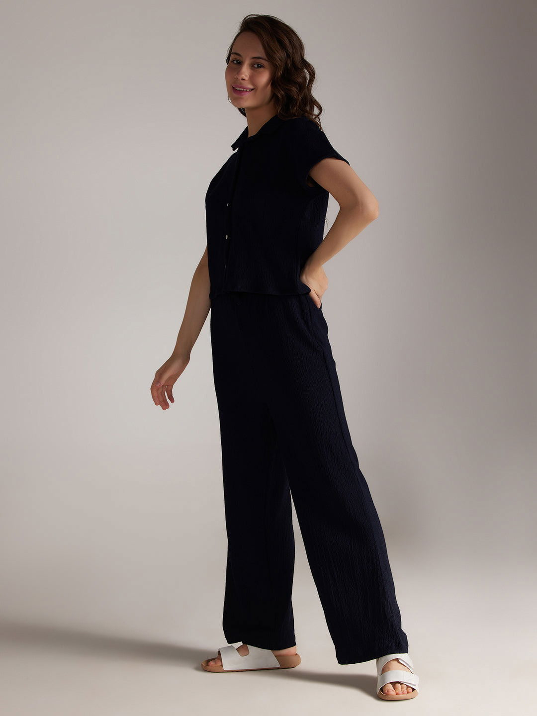 Identiti Women Solid Co-ord Set - Navy.