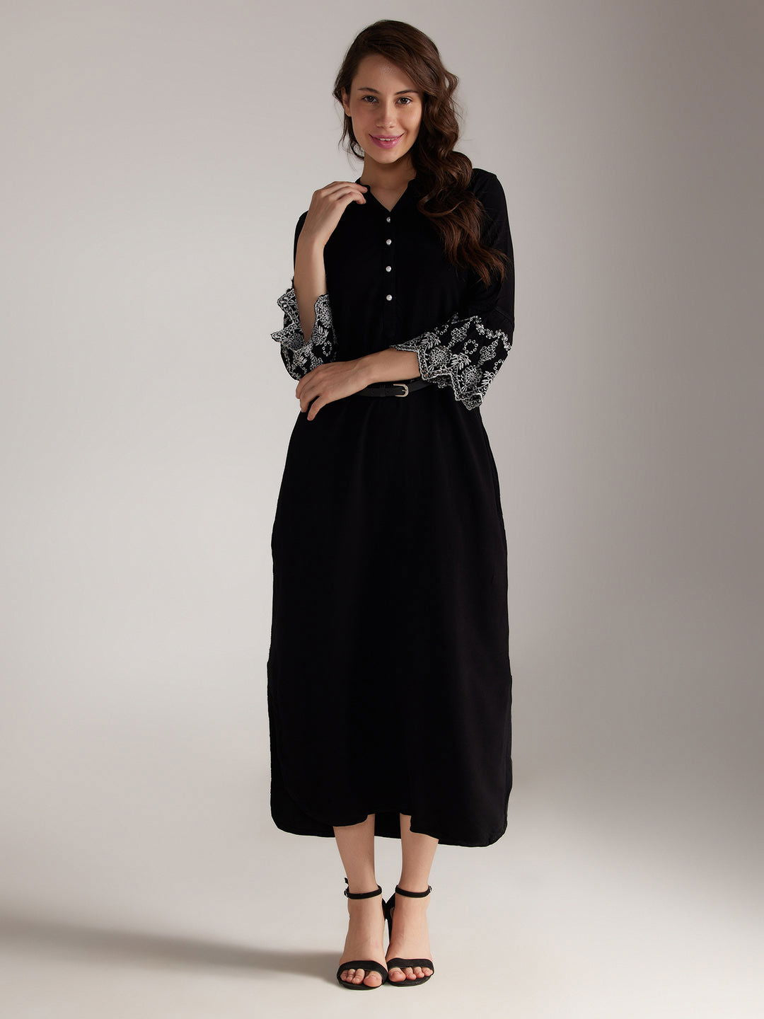 Identiti Women Solid Indo Western Embroidered Kurti / Long Dress - Black