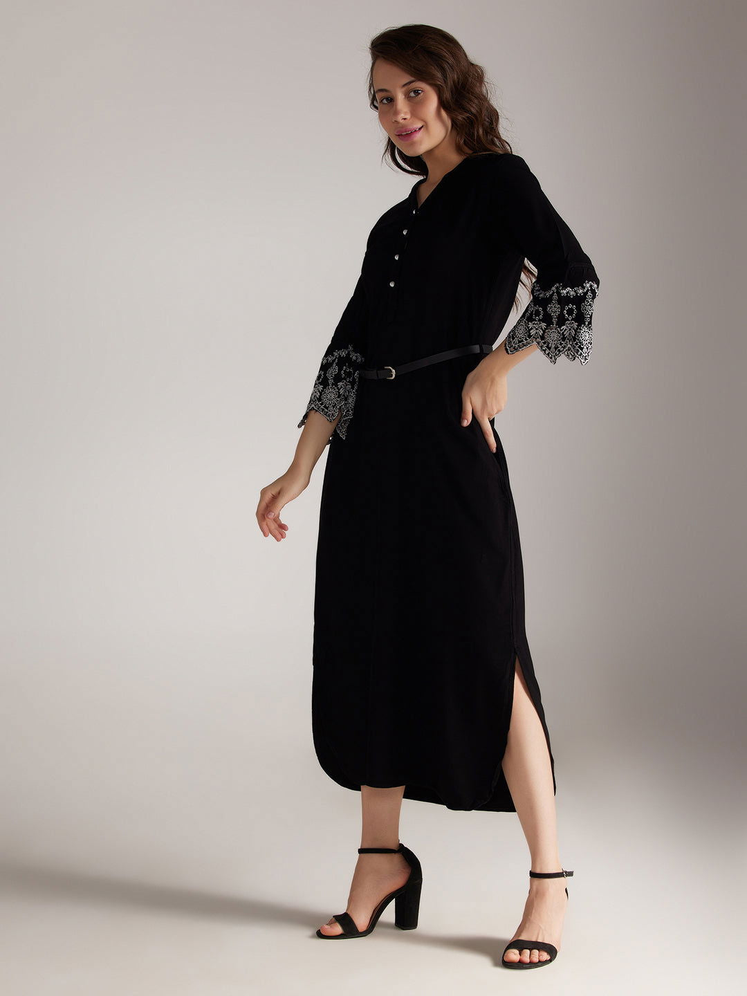 Identiti Women Solid Indo Western Embroidered Kurti / Long Dress - Black