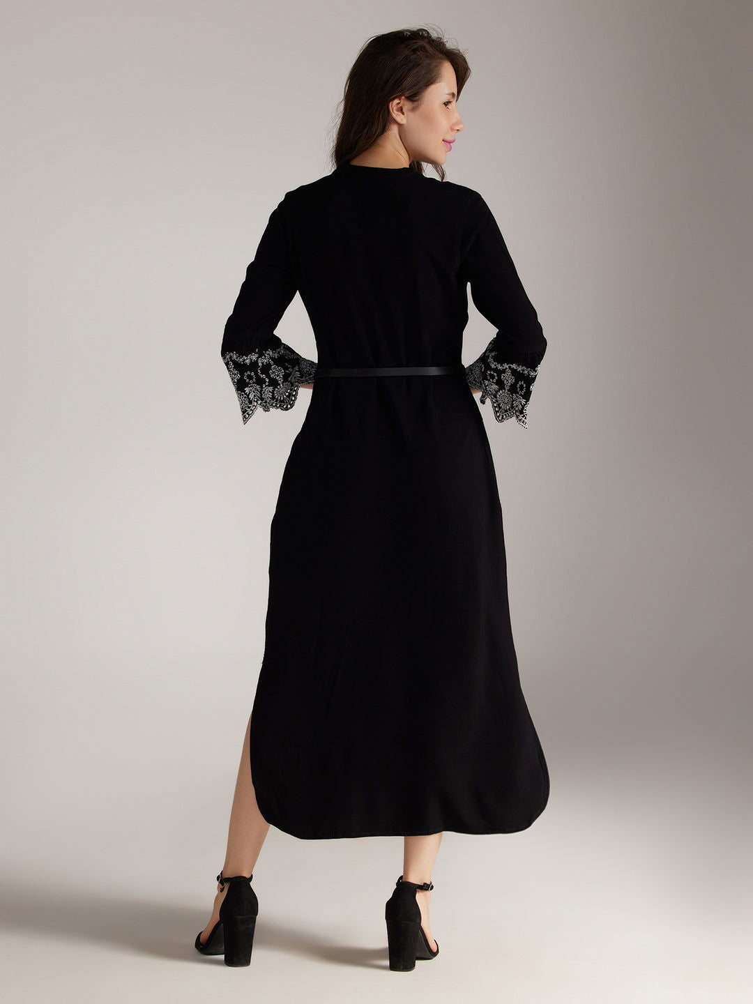 Identiti Women Solid Indo Western Embroidered Kurti / Long Dress - Black