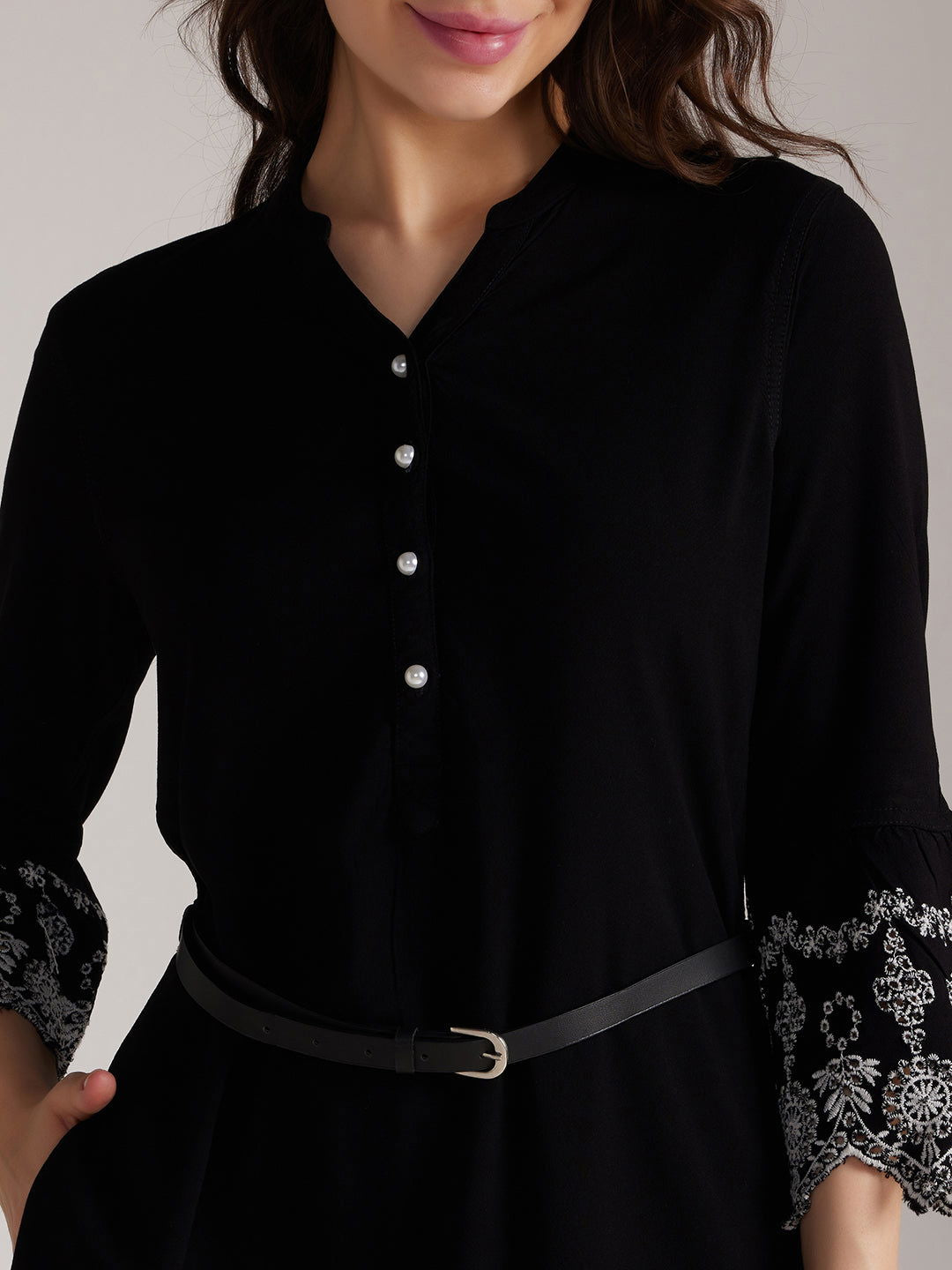 Identiti Women Solid Indo Western Embroidered Kurti / Long Dress - Black