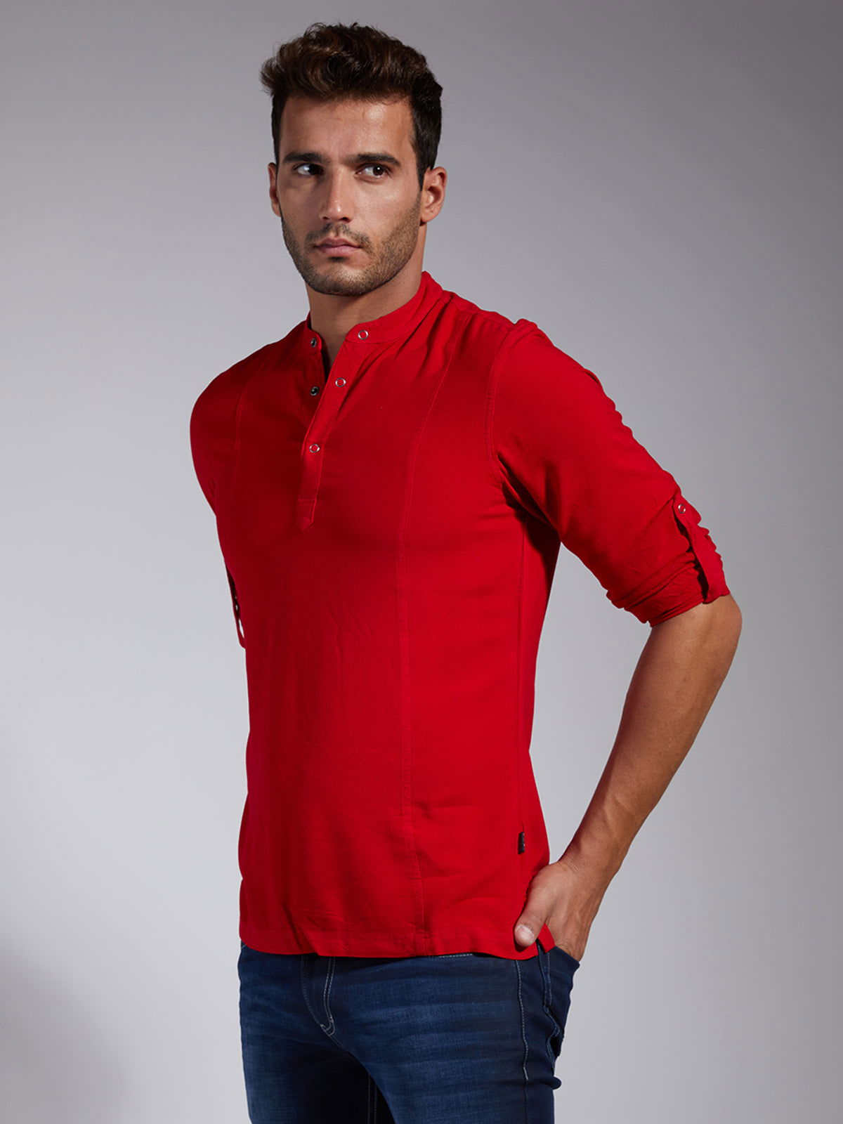 Men Half Placket Mandarin Collar Viscose Shirt / Kurta