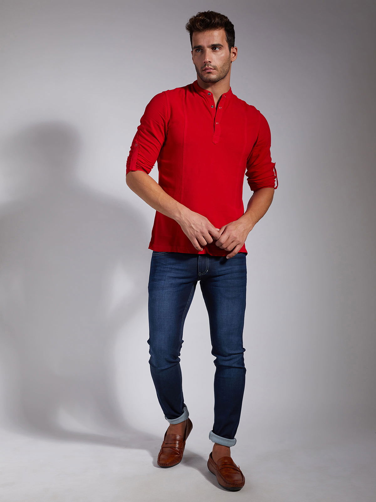 Men Half Placket Mandarin Collar Viscose Shirt / Kurta