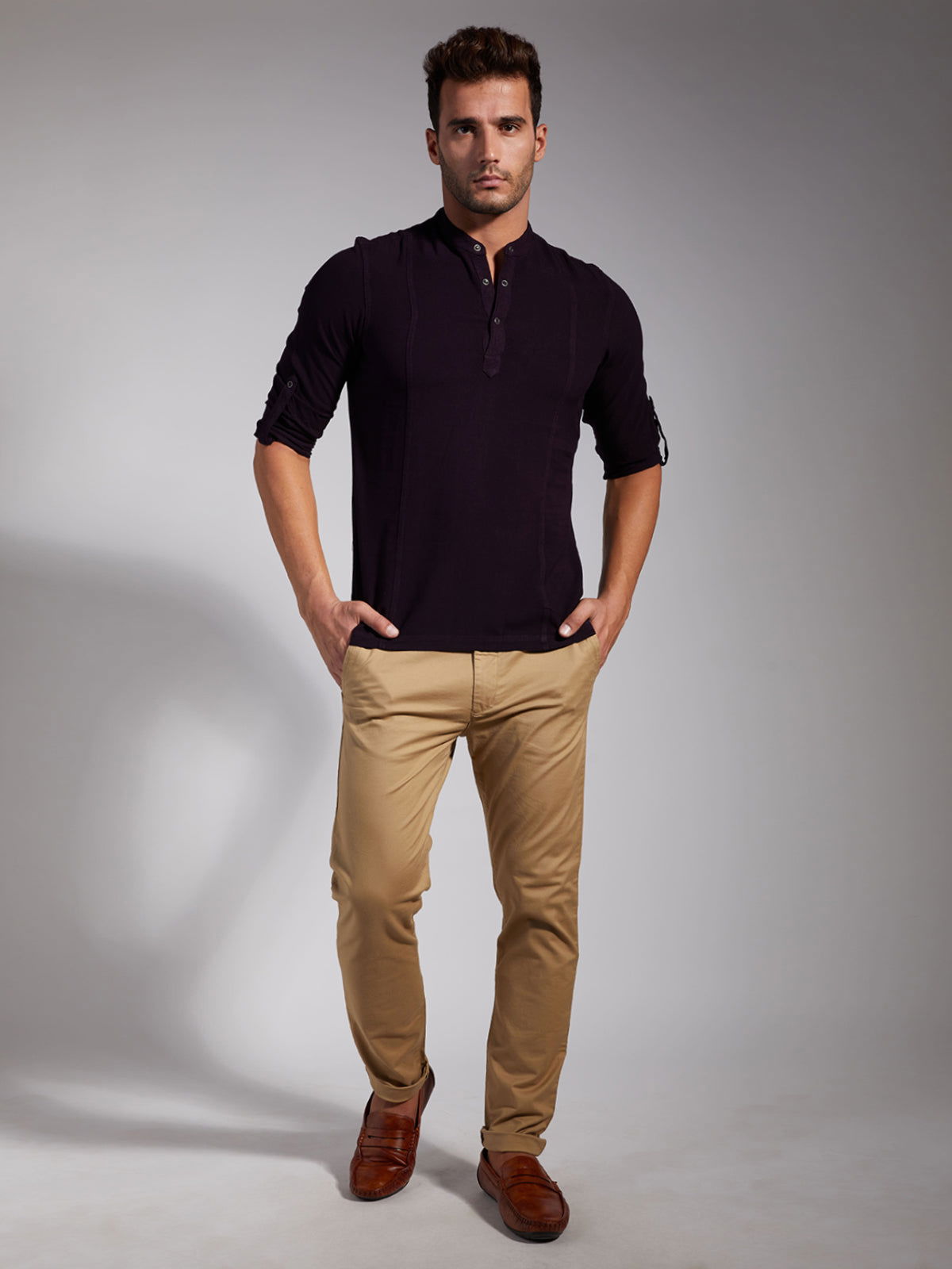 Men Half Placket Mandarin Collar Viscose Shirt / Kurta