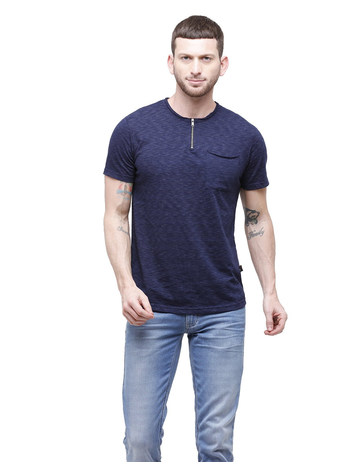 Men Navy Pin Striped Round Neck T-Shirt