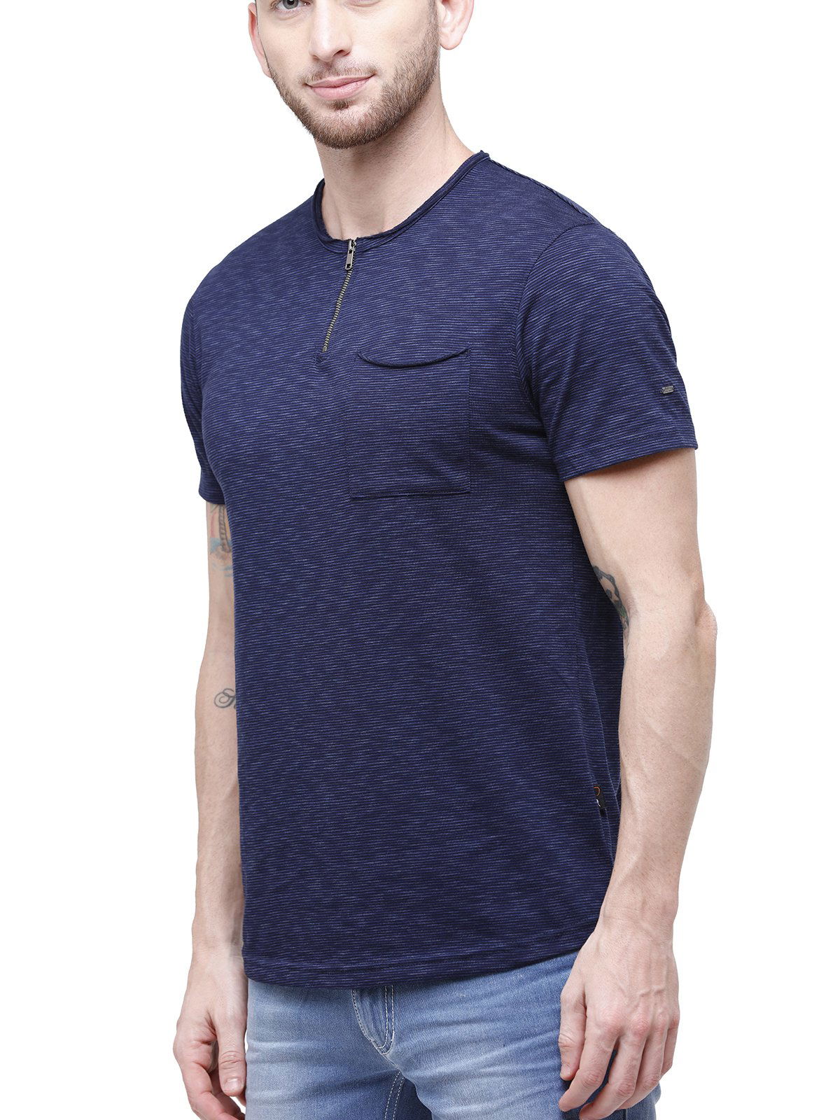 Men Navy Pin Striped Round Neck T-Shirt