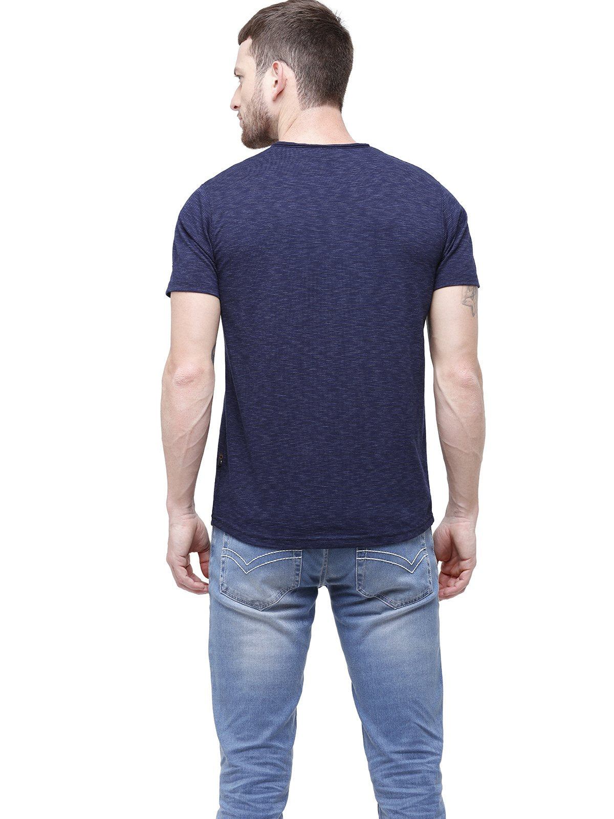 Men Navy Pin Striped Round Neck T-Shirt