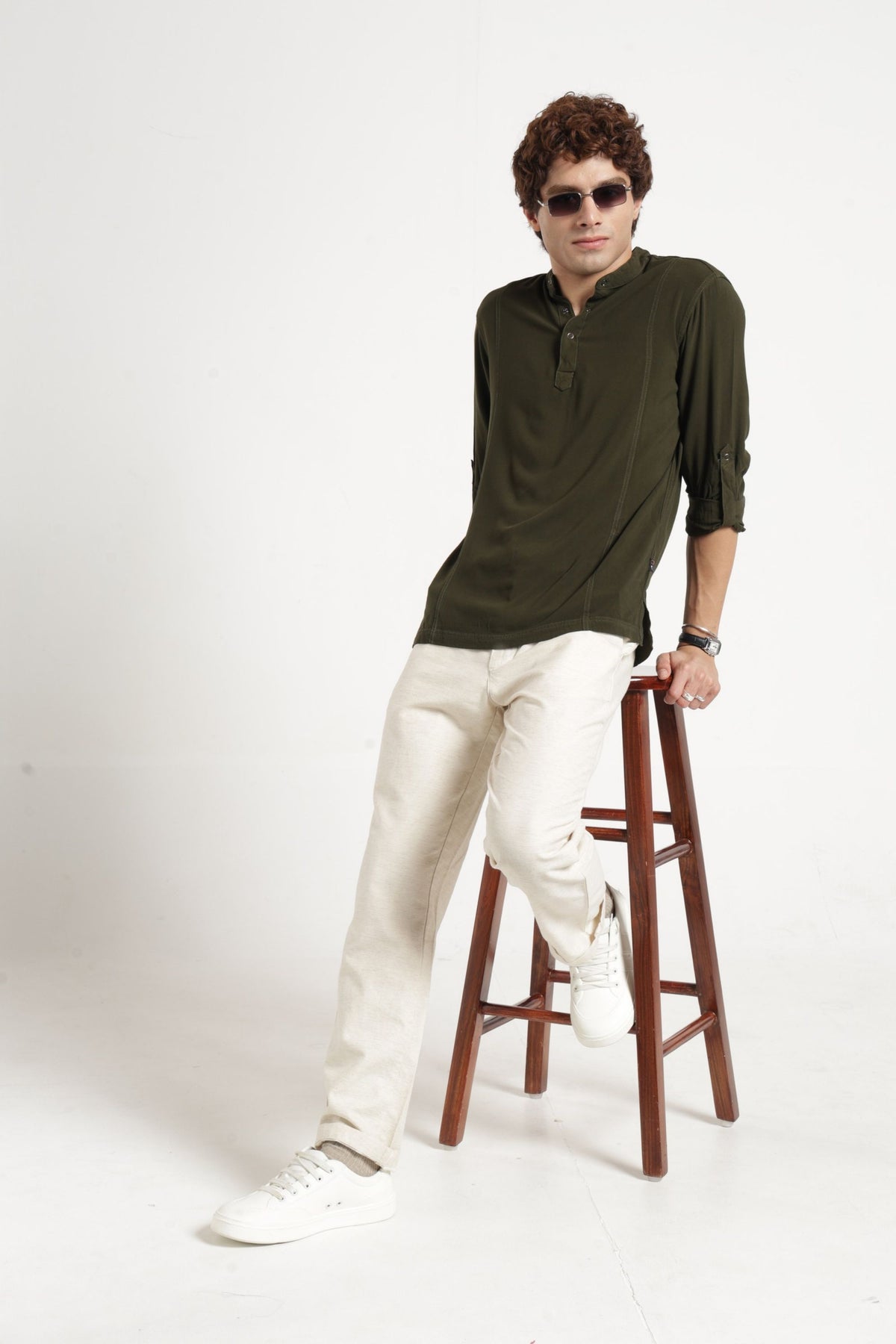Mandarin Collar Half placket Solid Shirt/Kurta in Olive green