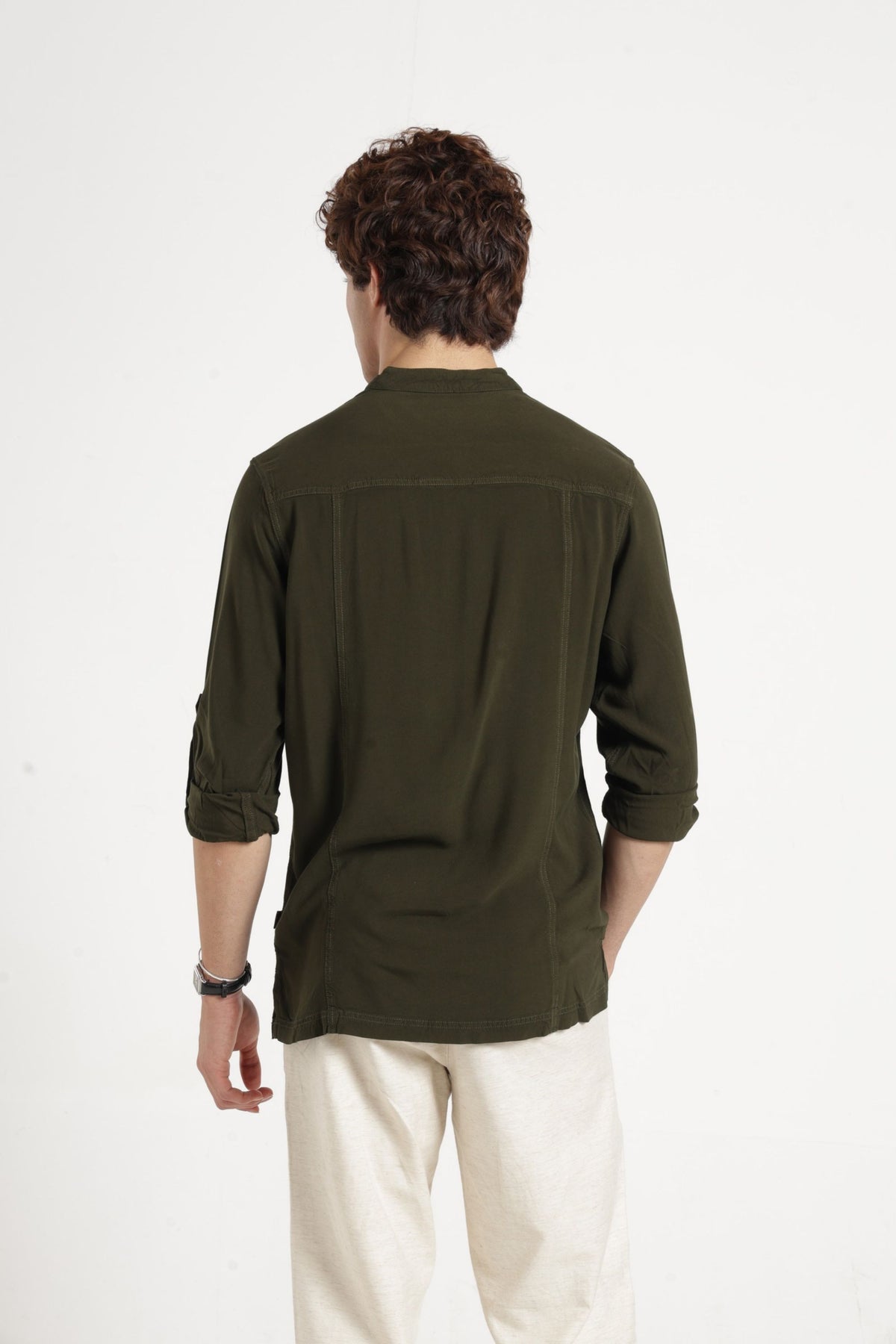 Mandarin Collar Half placket Solid Shirt/Kurta in Olive green