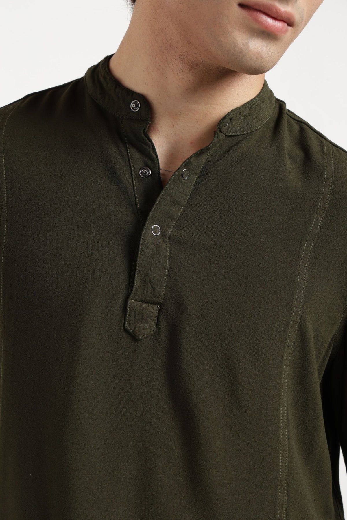 Mandarin Collar Half placket Solid Shirt/Kurta in Olive green