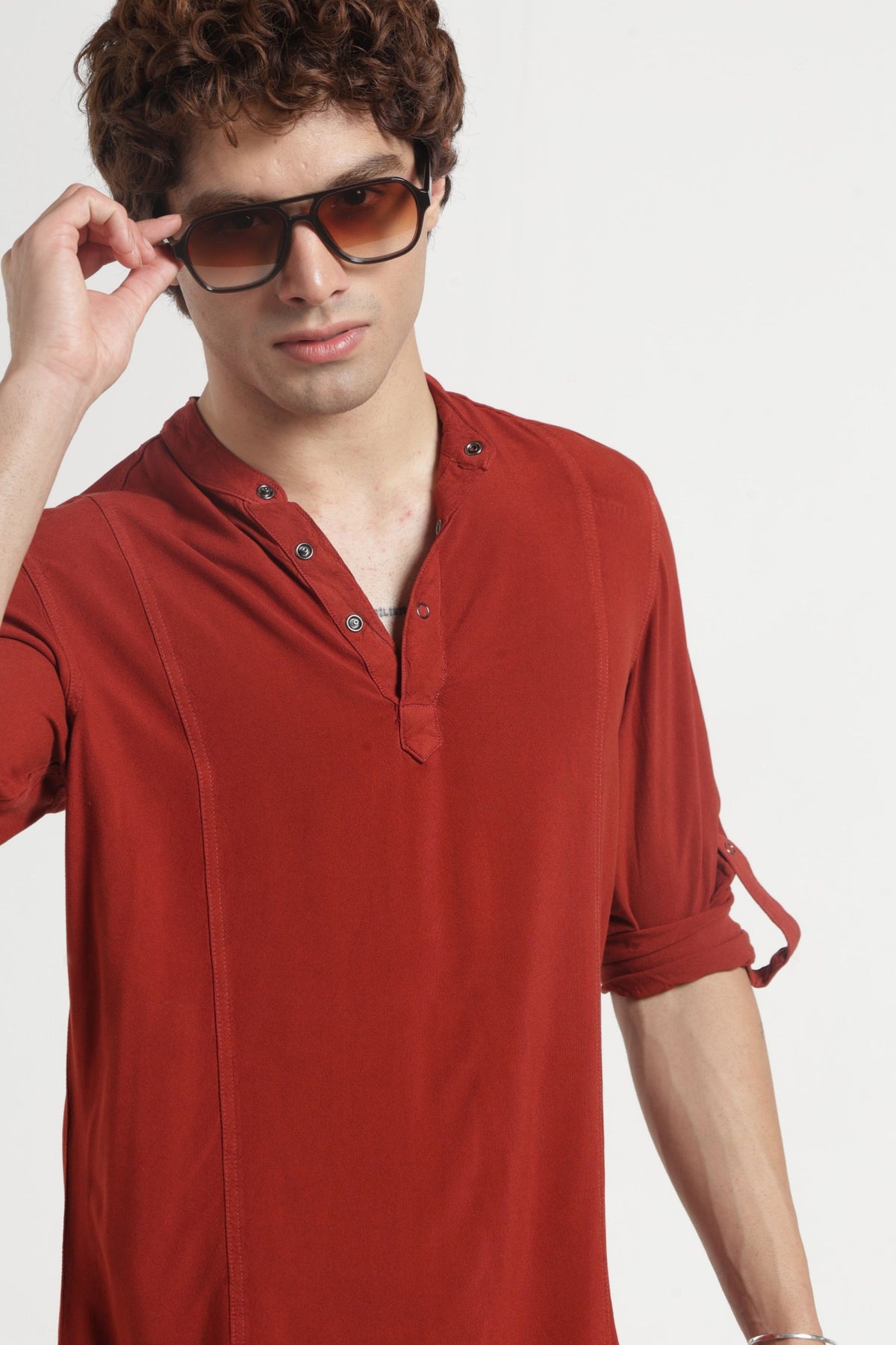 Mandarin Collar Half placket Solid Shirt/Kurta in Brown