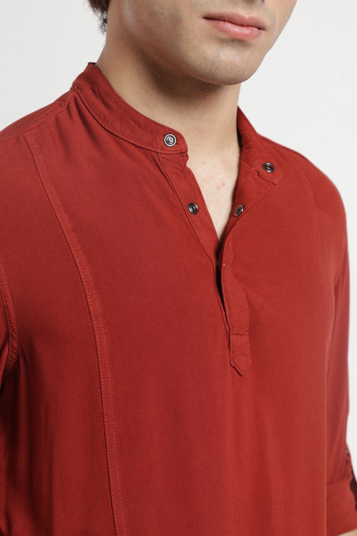Mandarin Collar Half placket Solid Shirt/Kurta in Brown