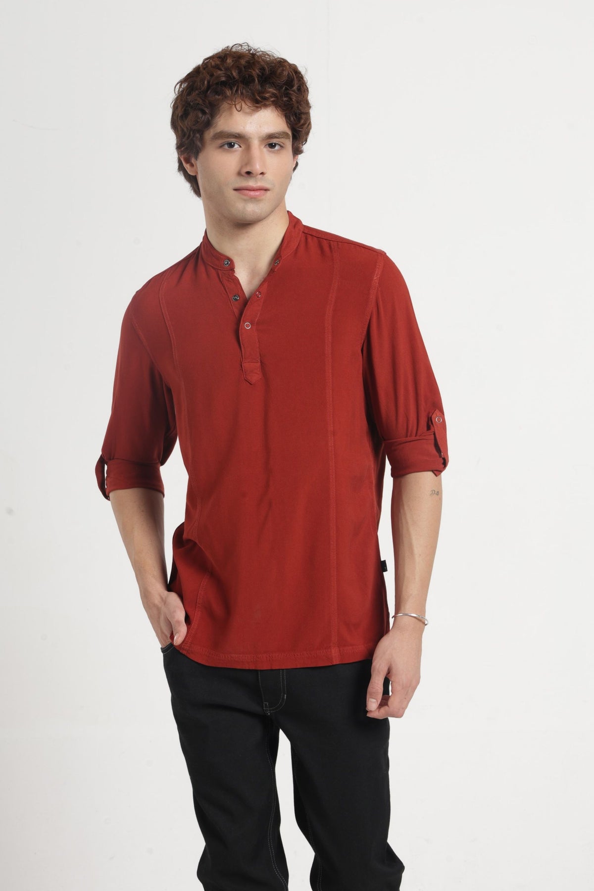 Mandarin Collar Half placket Solid Shirt/Kurta in Brown