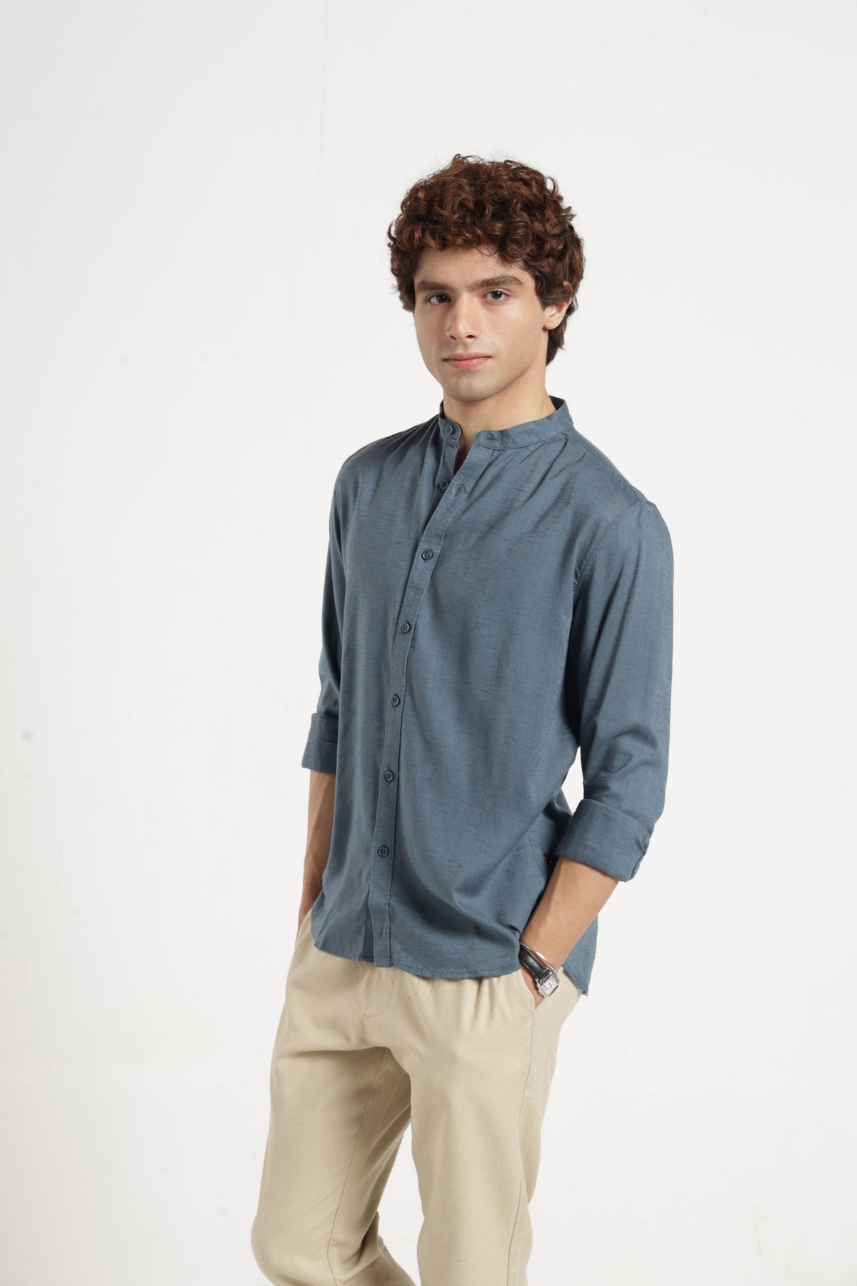 Mandarin Collar Self Dobby Shirt In Grey