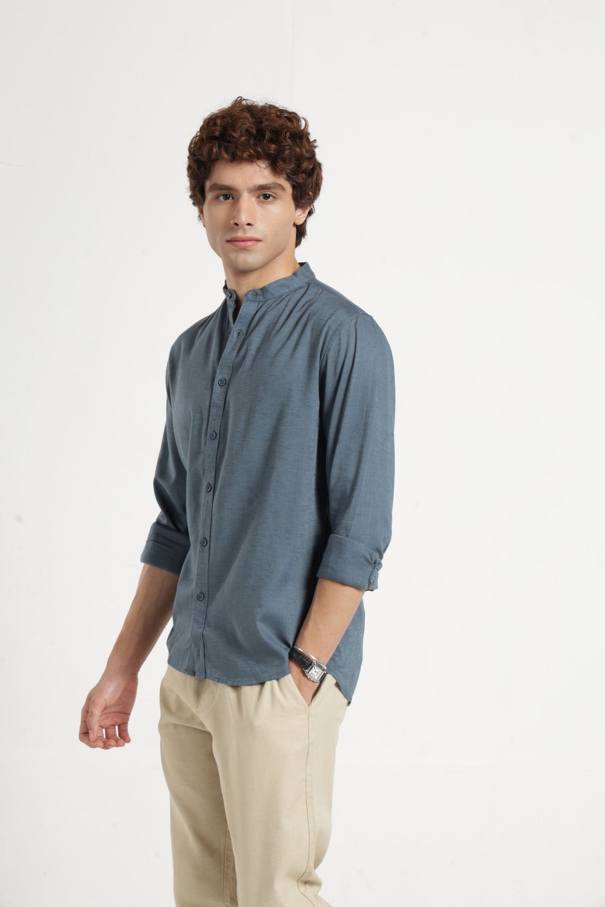 Mandarin Collar Self Dobby Shirt In Grey