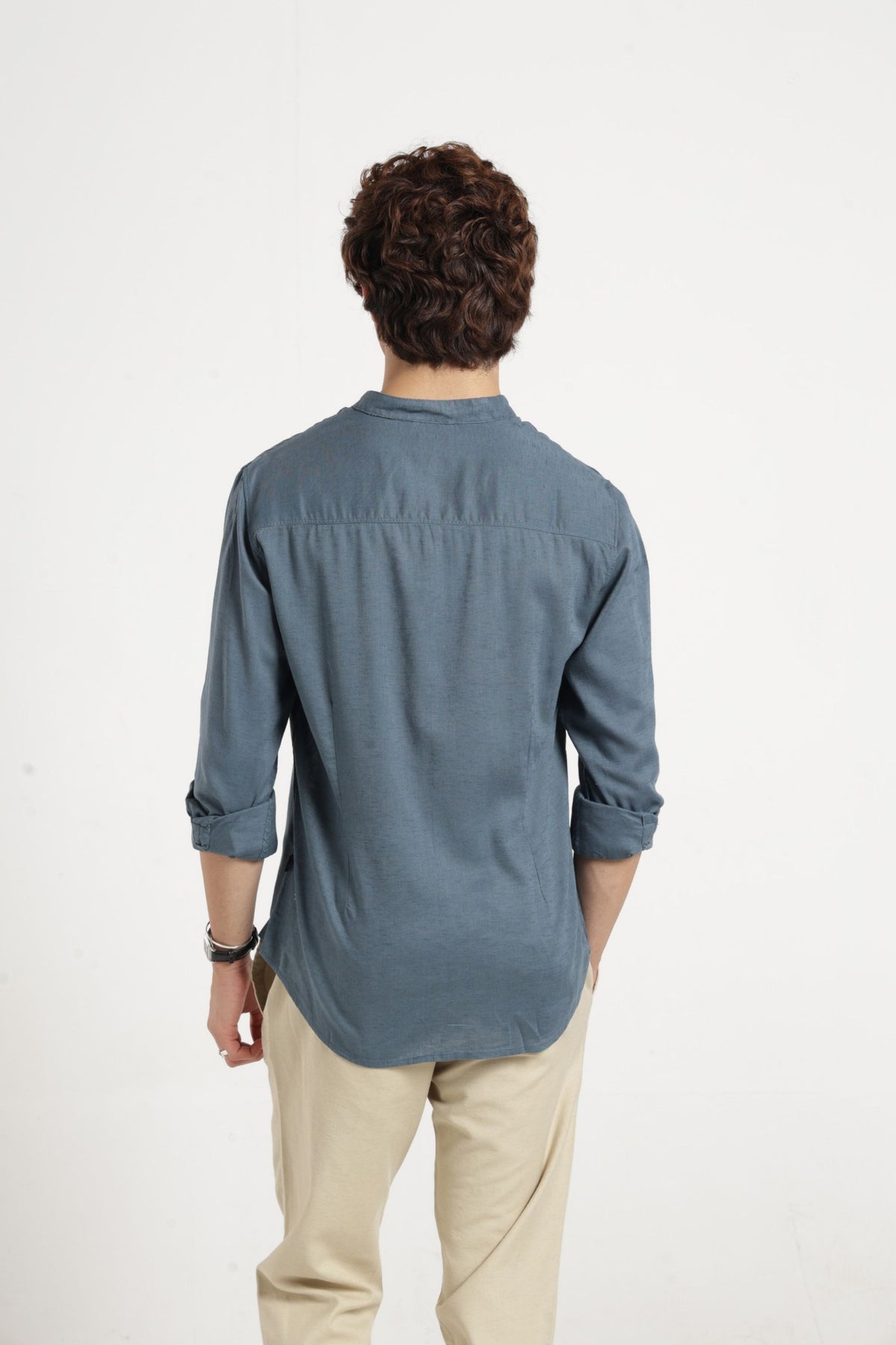Mandarin Collar Self Dobby Shirt In Grey