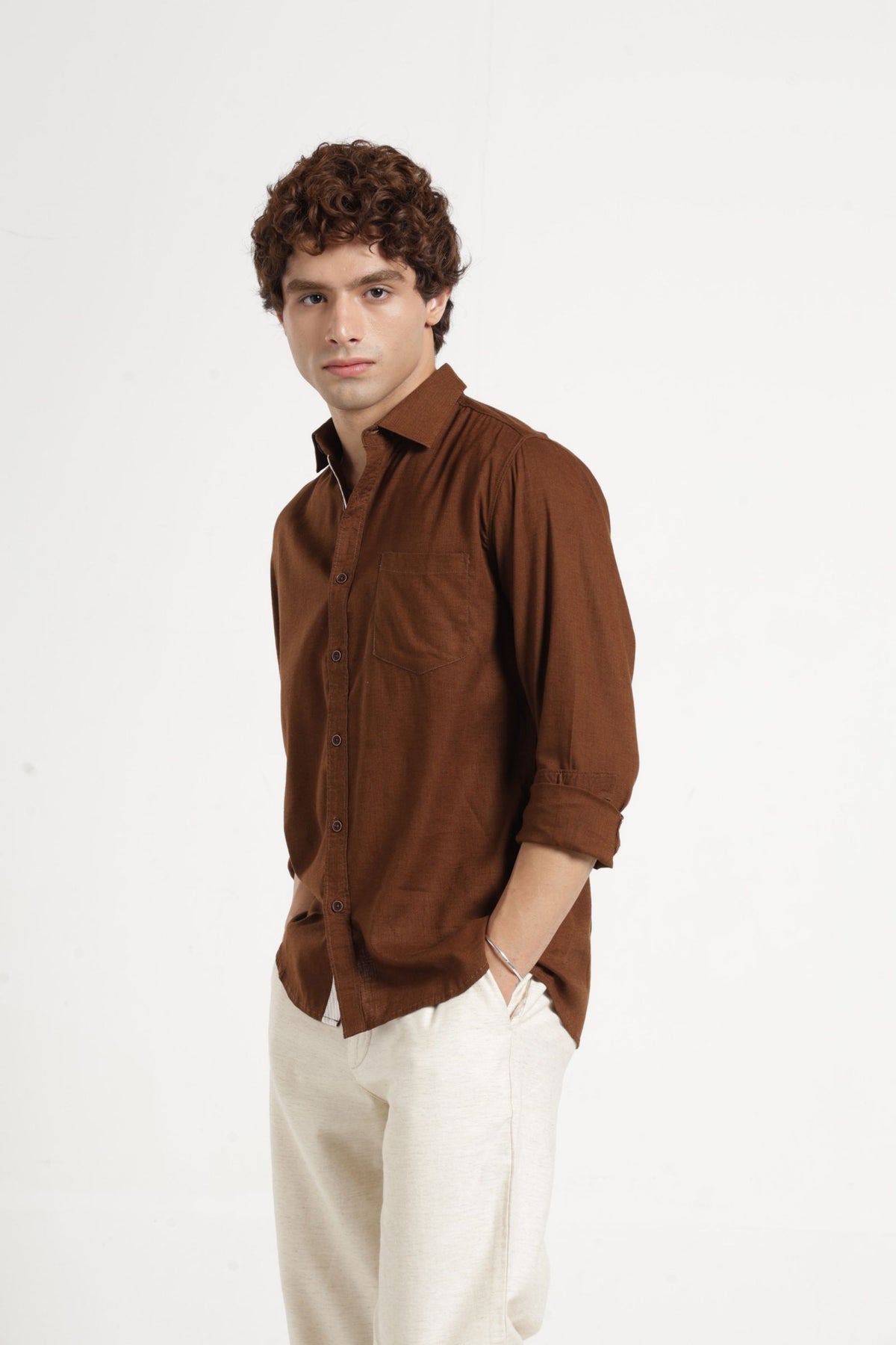 Spread Collar Self Dobby Shirt In Brown