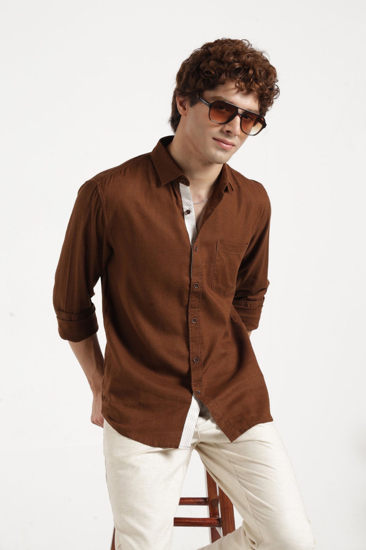 Spread Collar Self Dobby Shirt In Brown