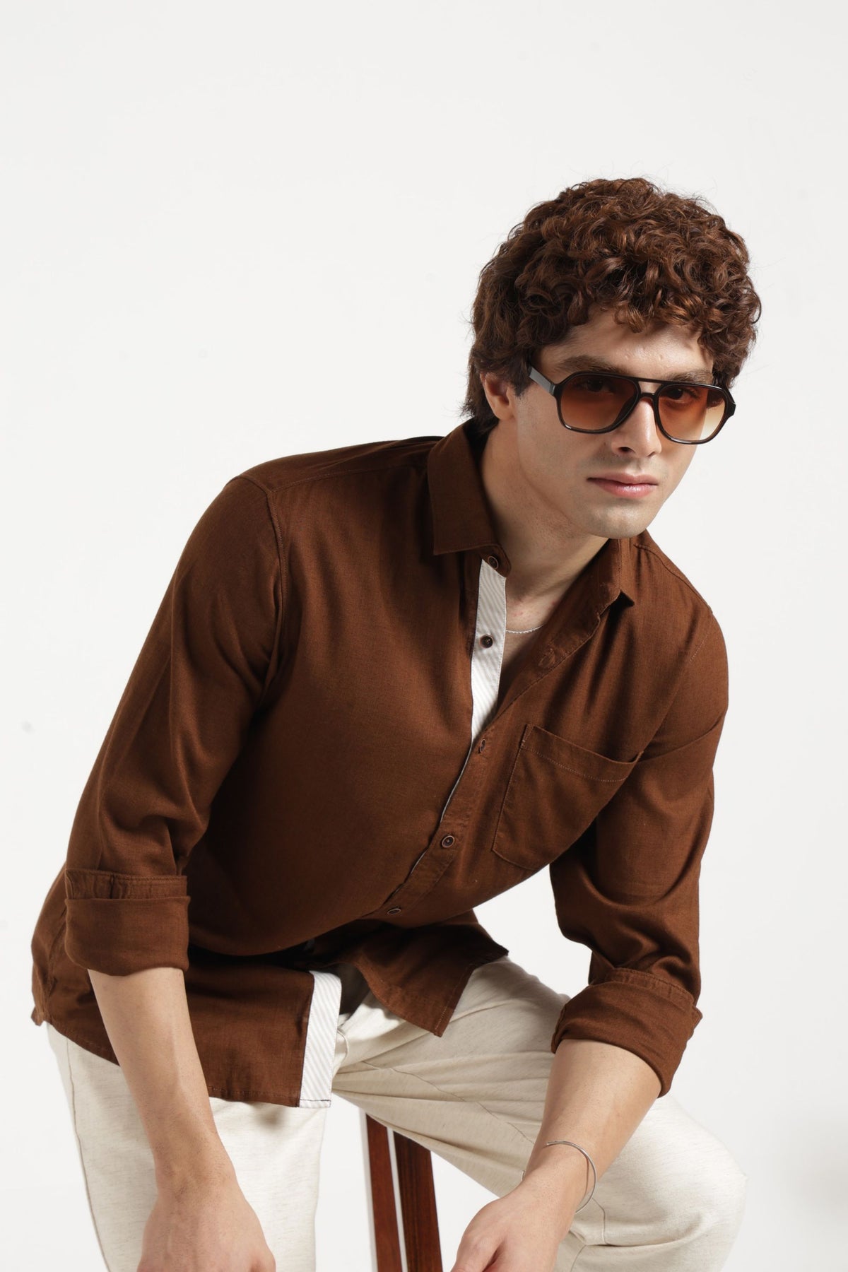 Spread Collar Self Dobby Shirt In Brown