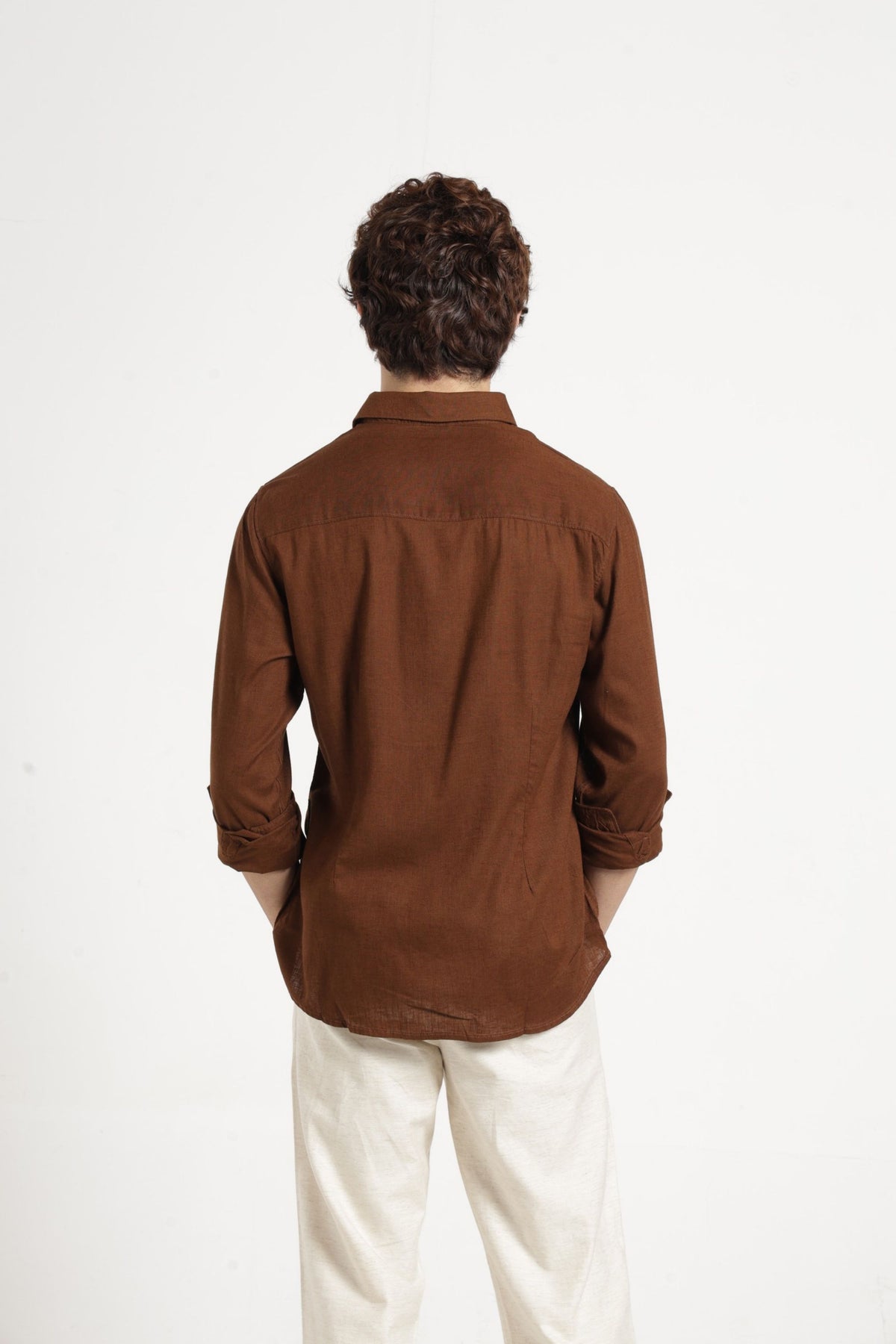 Spread Collar Self Dobby Shirt In Brown