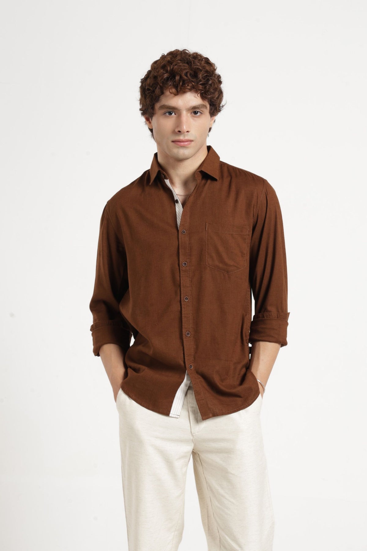 Spread Collar Self Dobby Shirt In Brown