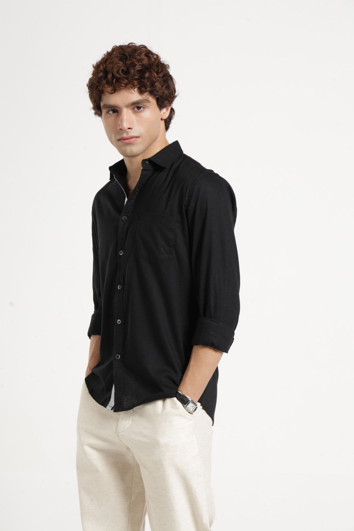 Spread Collar Self Dobby Shirt In Black