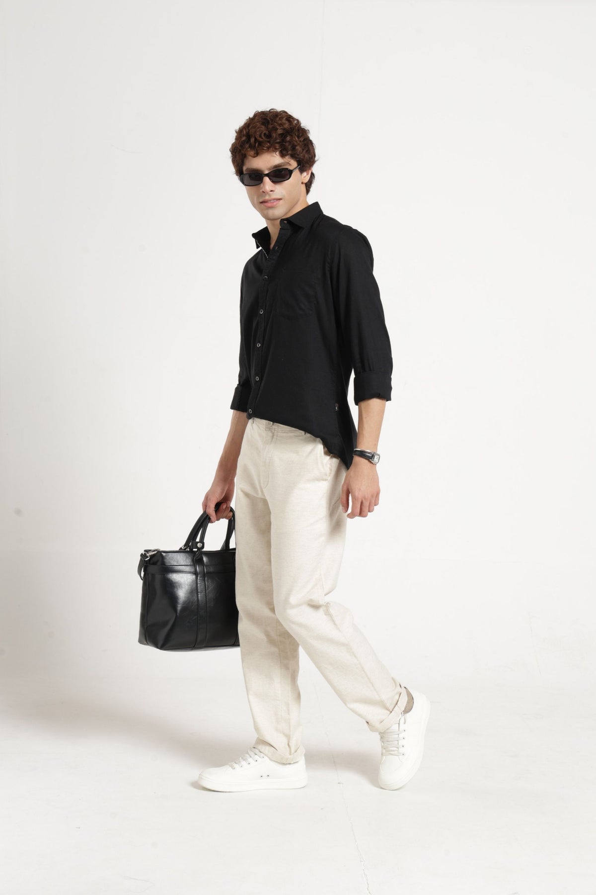 Spread Collar Self Dobby Shirt In Black