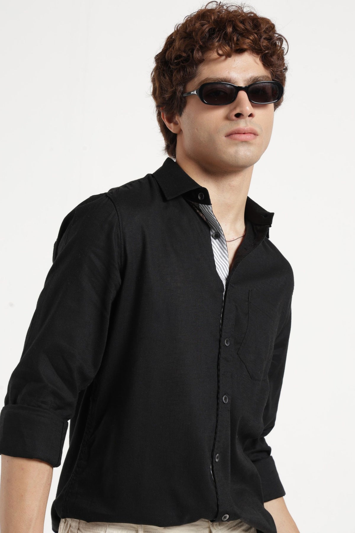 Spread Collar Self Dobby Shirt In Black