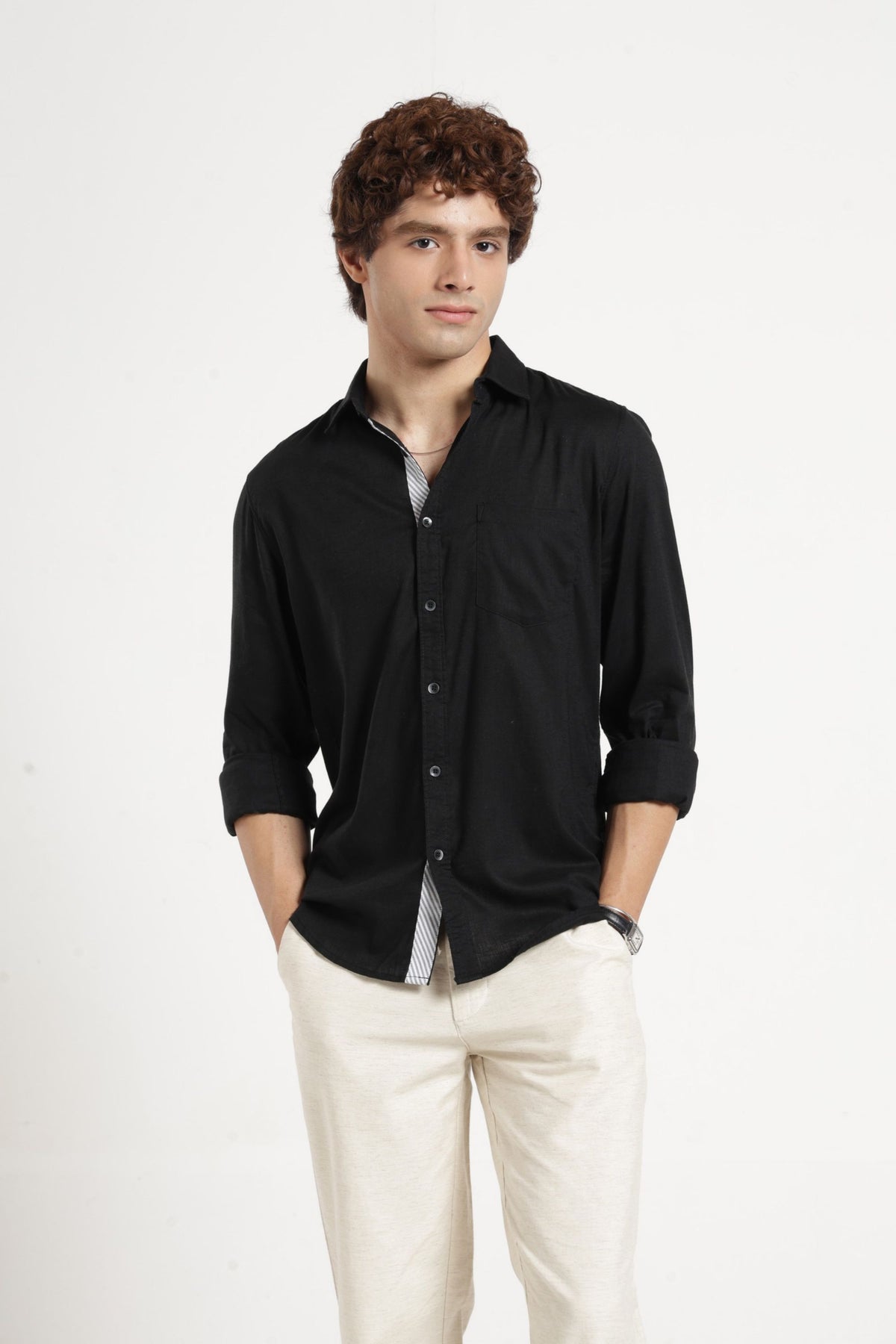 Spread Collar Self Dobby Shirt In Black