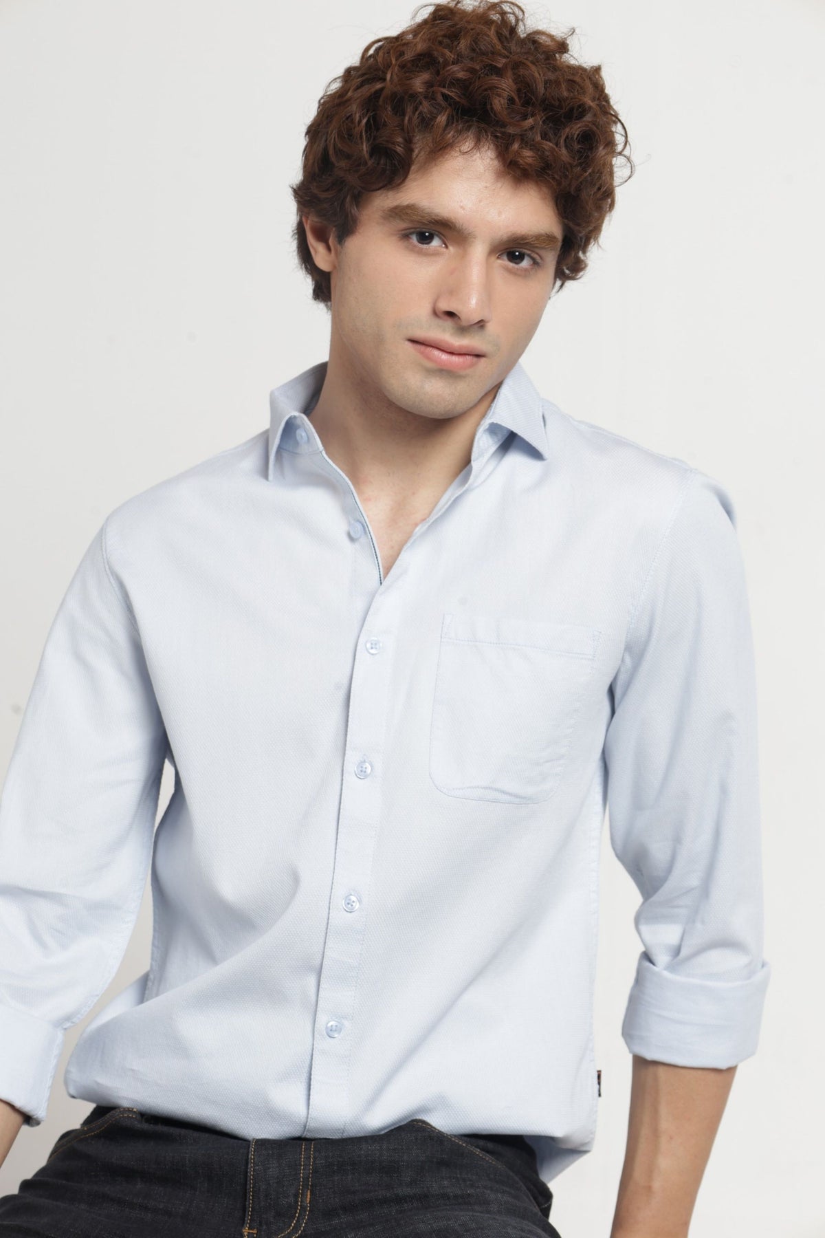 Regular Collar Self Dobby Shirt In Blue