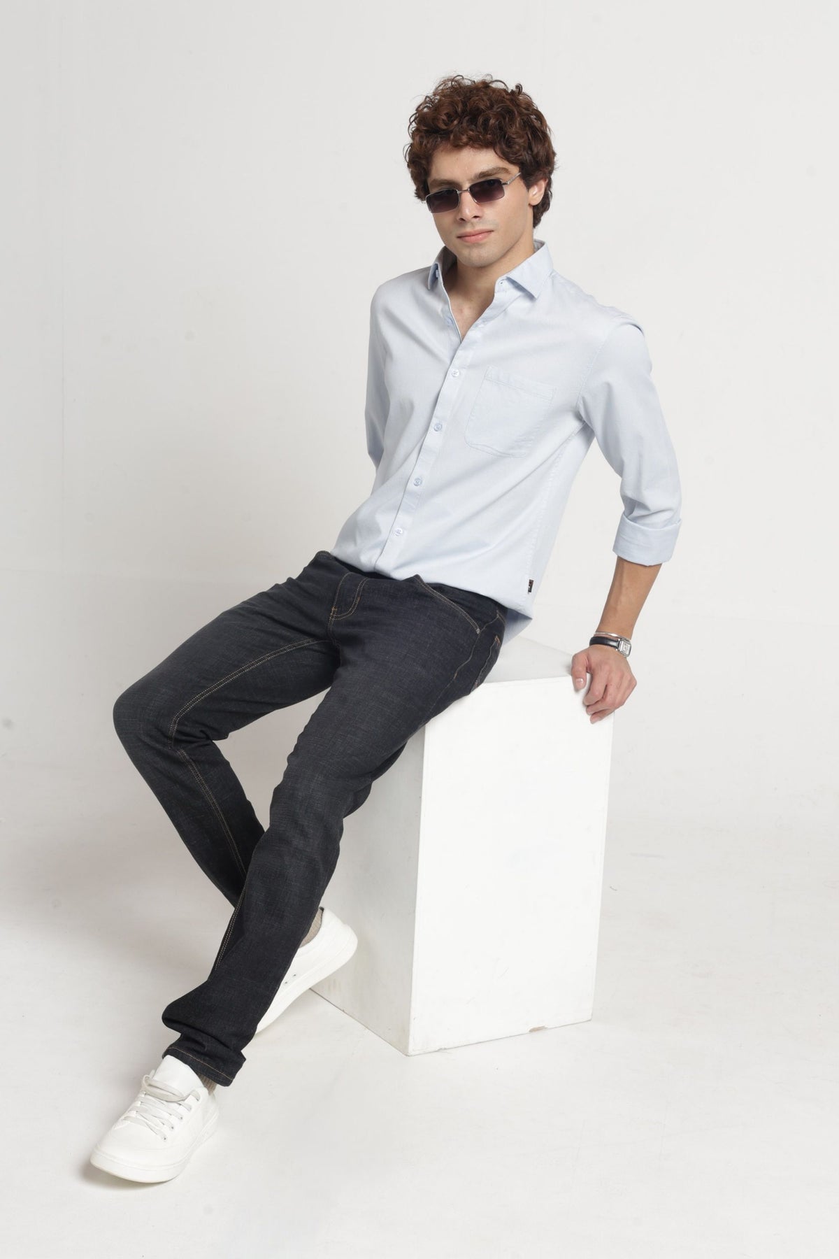 Regular Collar Self Dobby Shirt In Blue