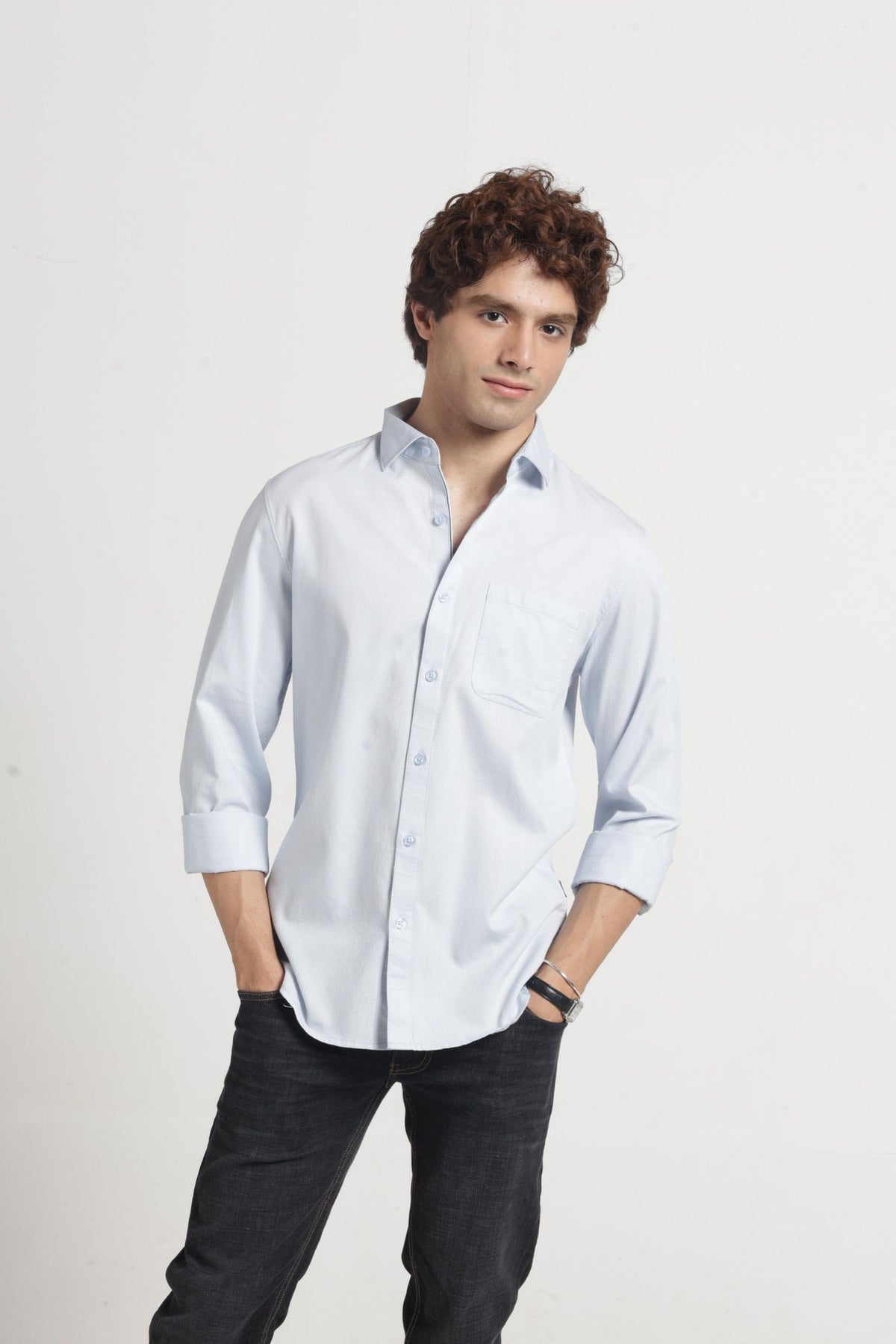 Regular Collar Self Dobby Shirt In Blue