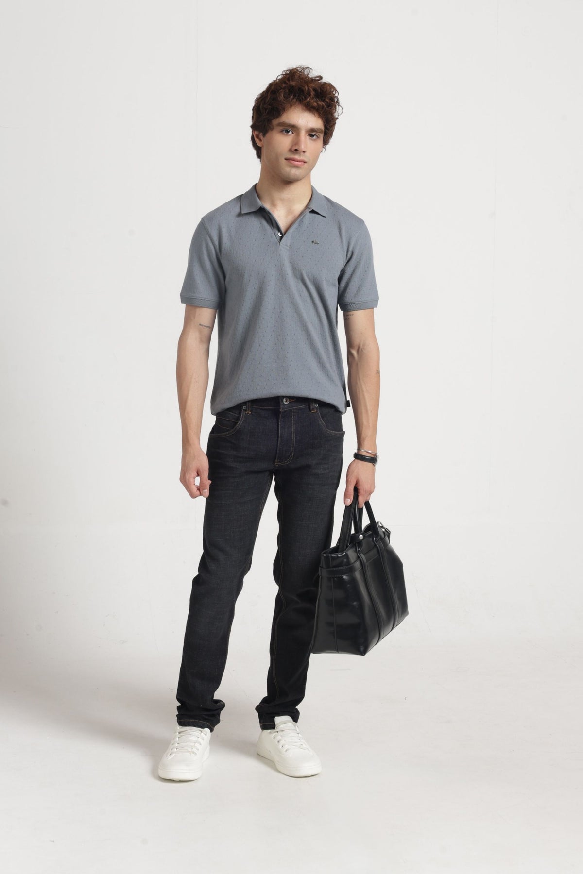 Polo Collar Jacquard T-Shirt In Grey