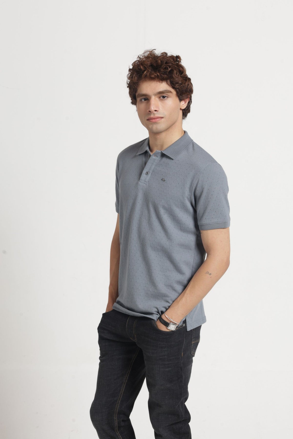 Polo Collar Jacquard T-Shirt In Grey