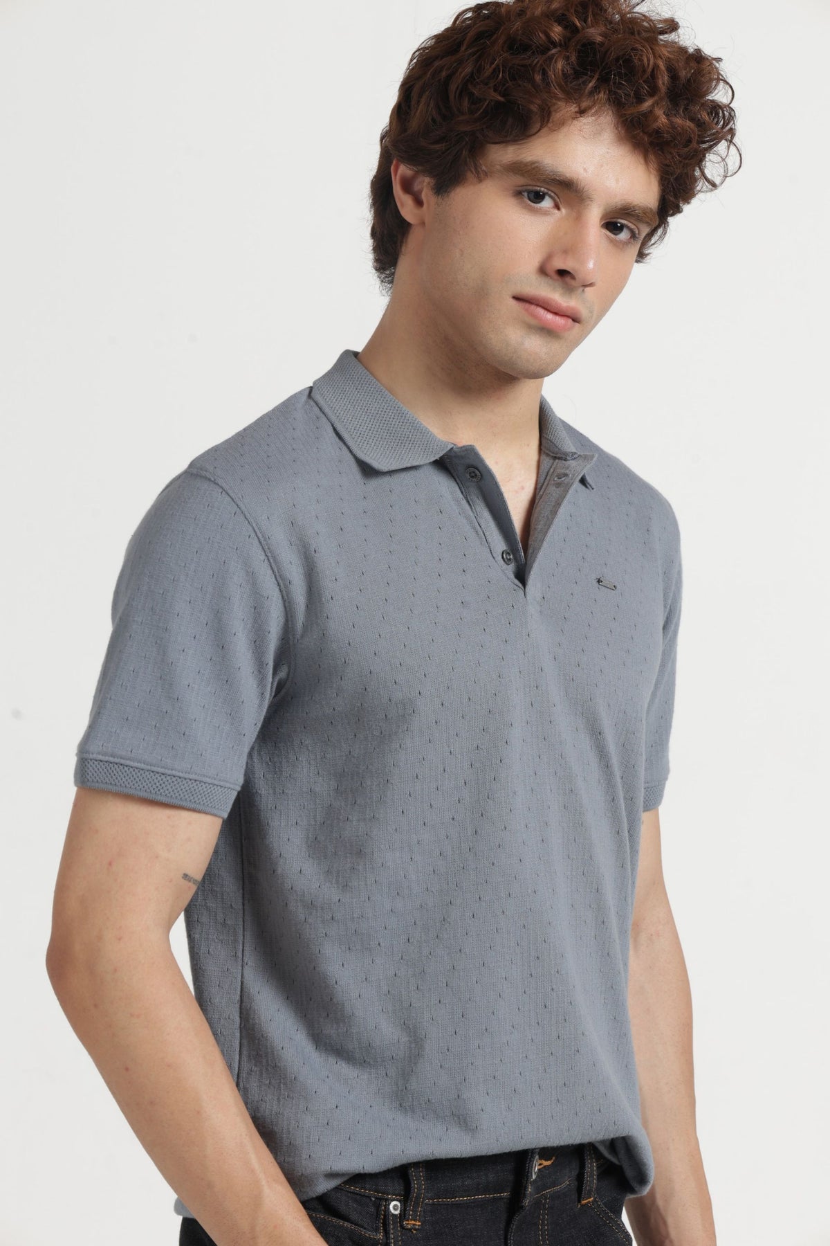 Polo Collar Jacquard T-Shirt In Grey