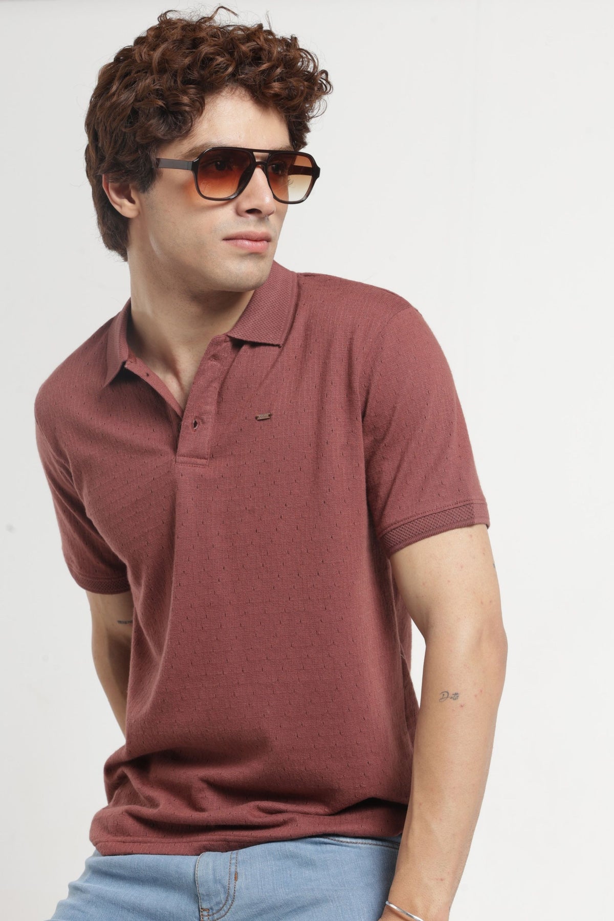 Polo Collar Jacquard T-Shirt In Rust