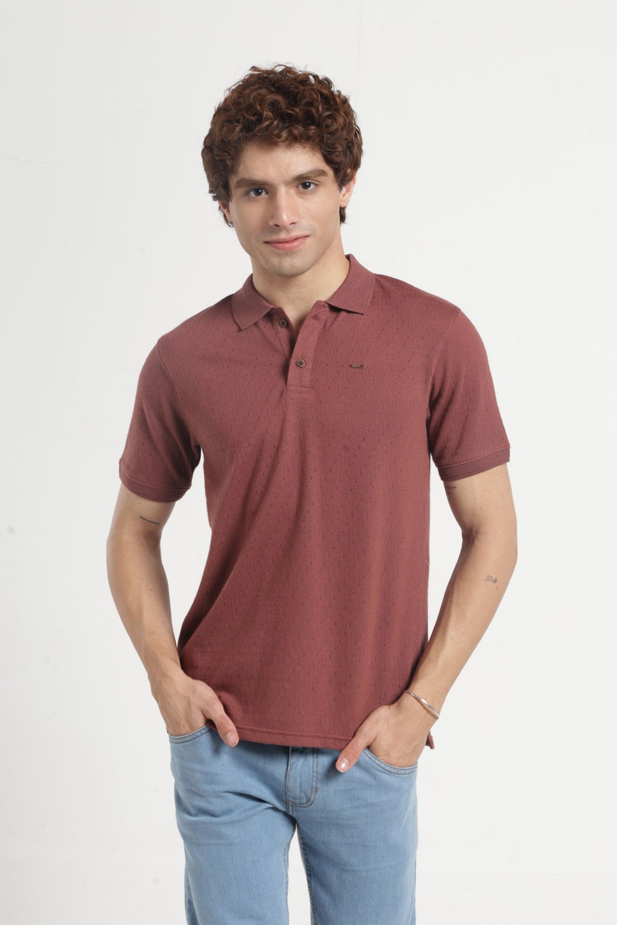 Polo Collar Jacquard T-Shirt In Rust