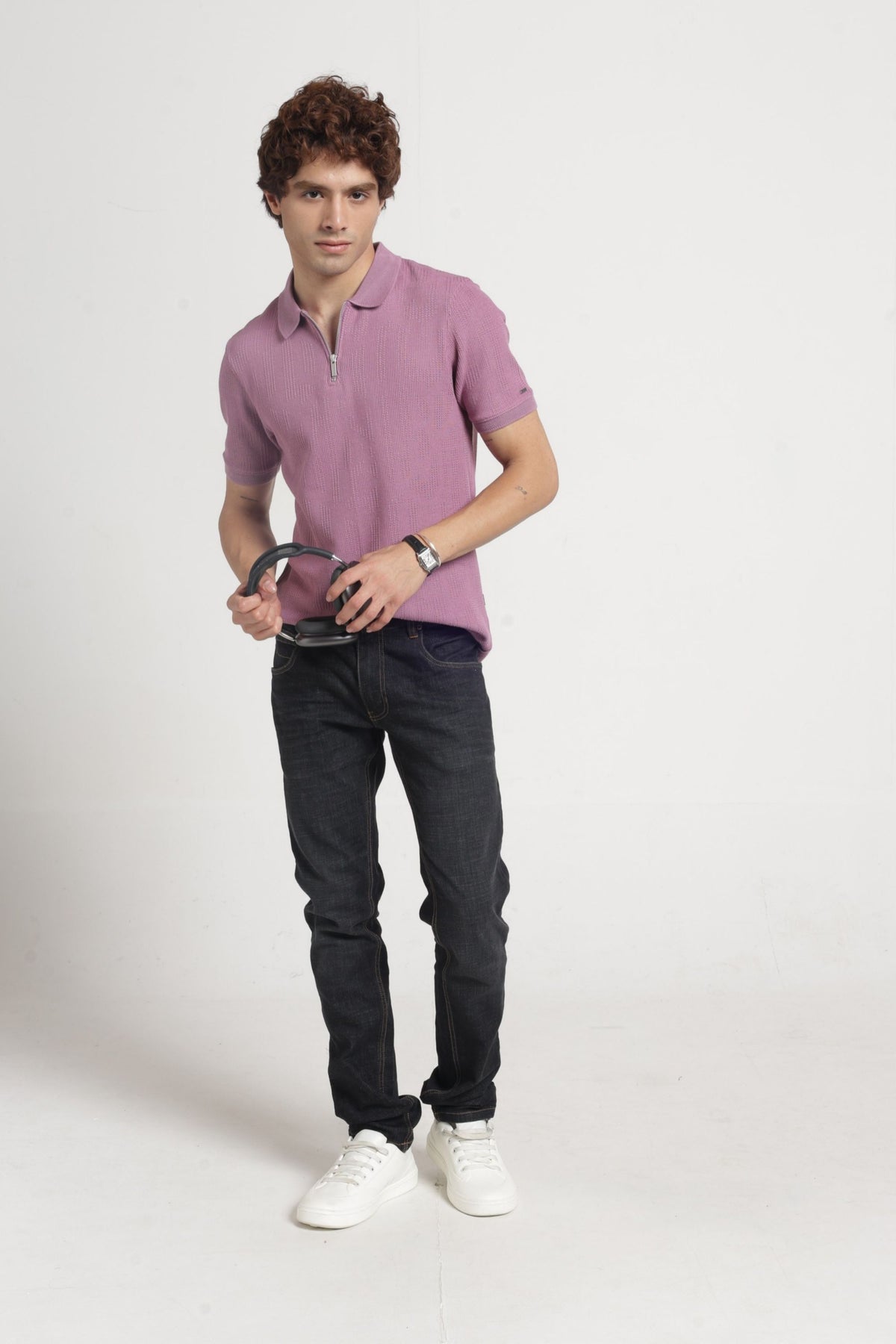 Polo Collar Jacquard Zipper T-Shirt In Onion