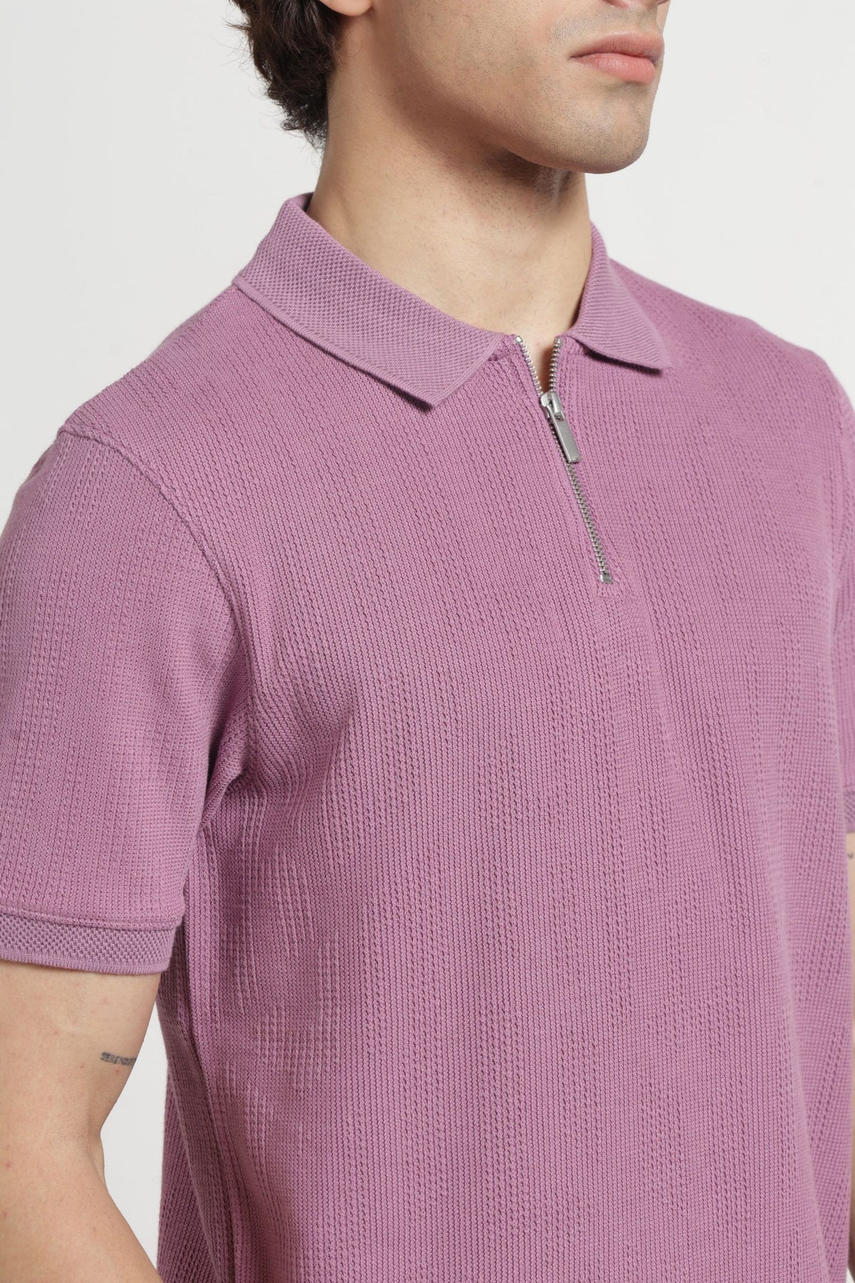 Polo Collar Jacquard Zipper T-Shirt In Onion