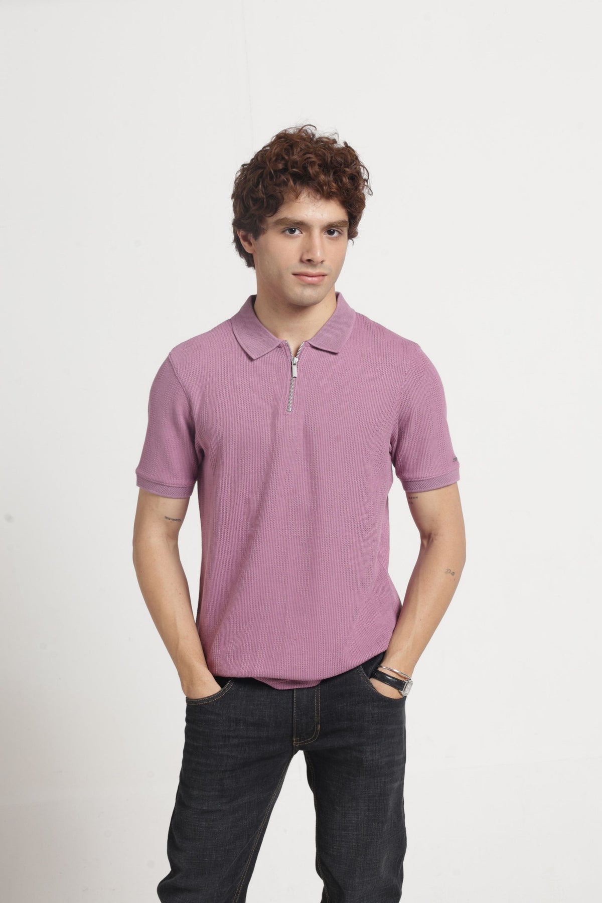 Polo Collar Jacquard Zipper T-Shirt In Onion